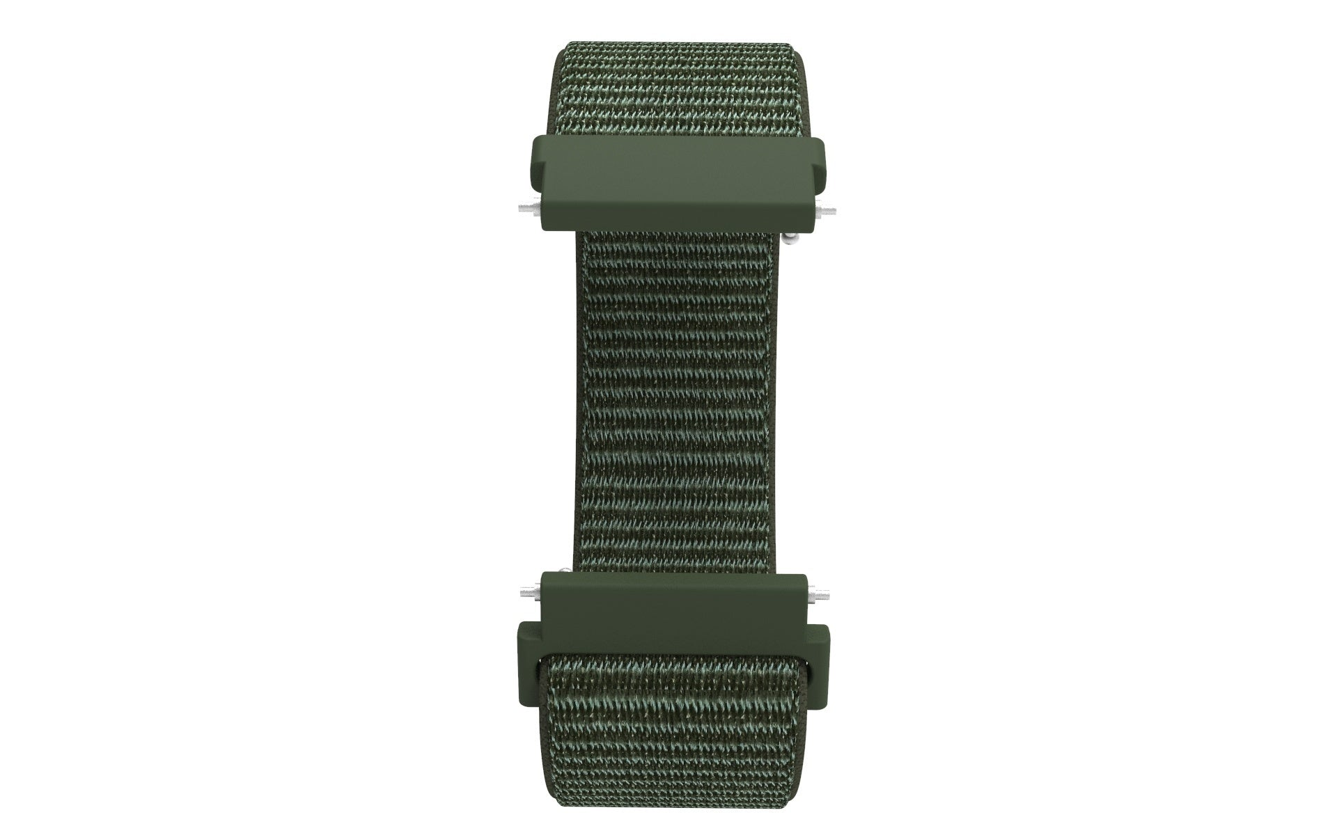 Ein grünes Uhrenarmband, Draufsicht, aus gewebtem Material. Das Armband hat zwei Metallstifte und zwei grüne Schnallen.