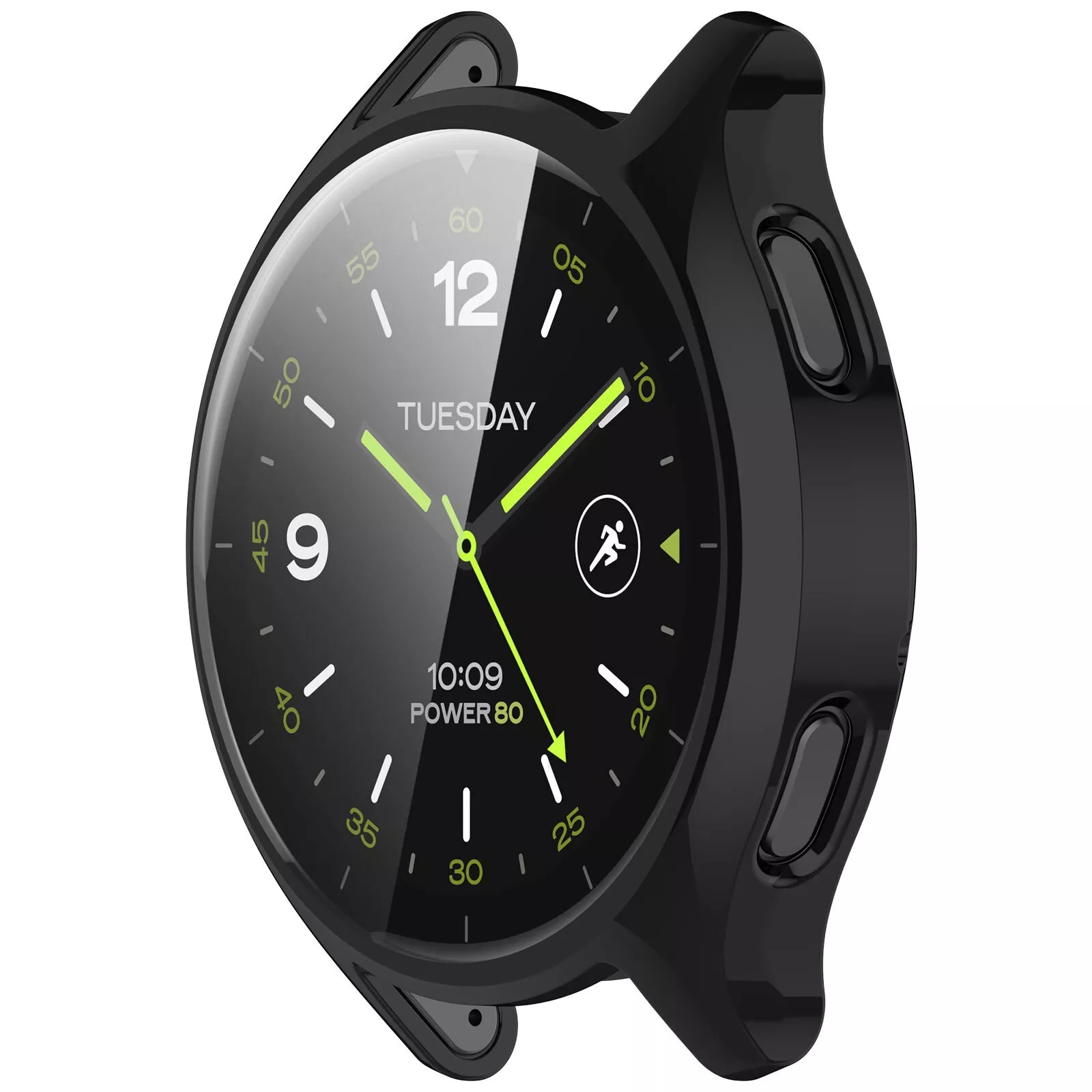 Schwarze Smartwatch mit rundem Display, das 10:09, Dienstag und ein Aktivitätssymbol anzeigt. Die Lünette ist ebenfalls schwarz.