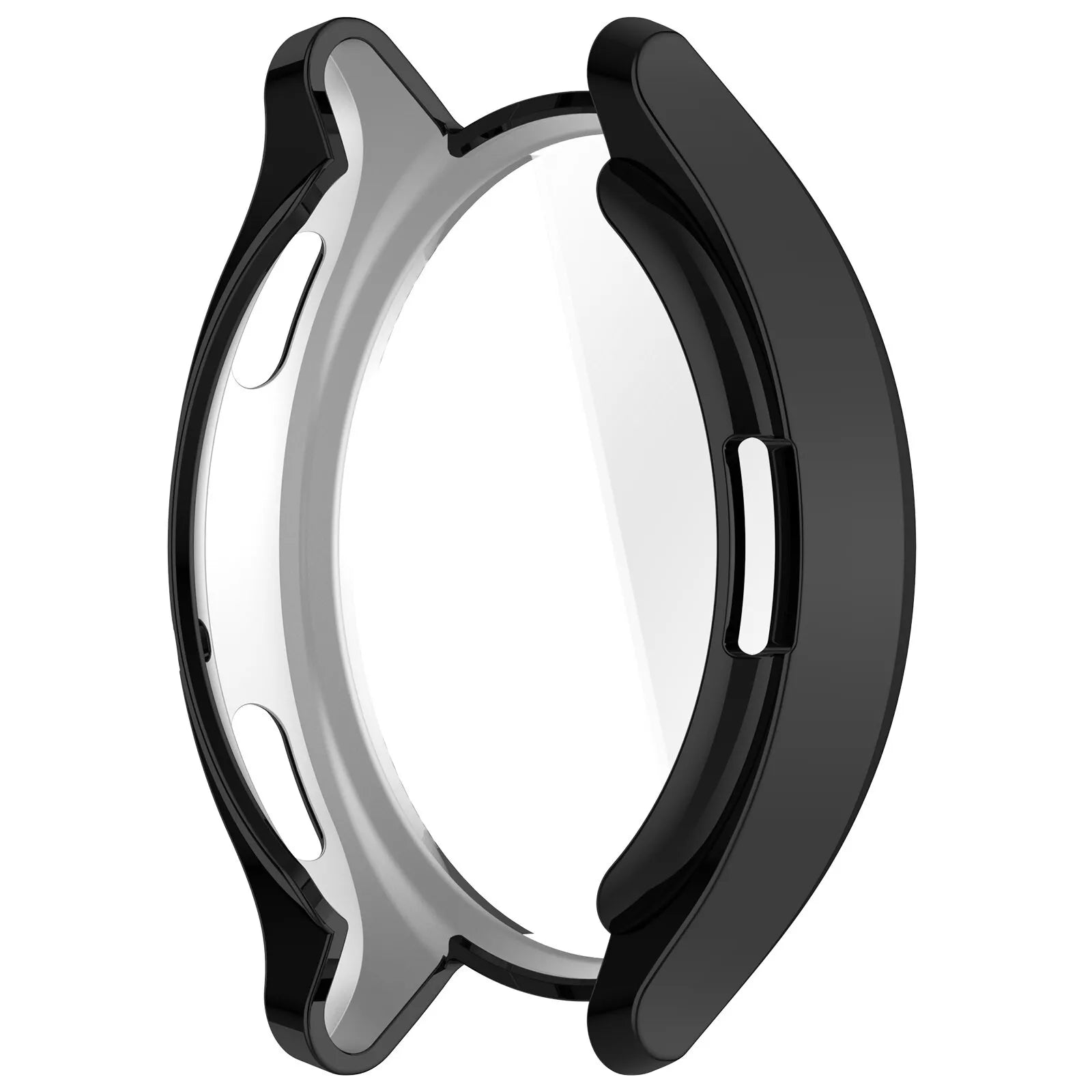 Schwarzes Uhrengehäuse mit klarer Schutzhülle. Das Gehäuse hat Aussparungen und ist für eine Uhr konzipiert.