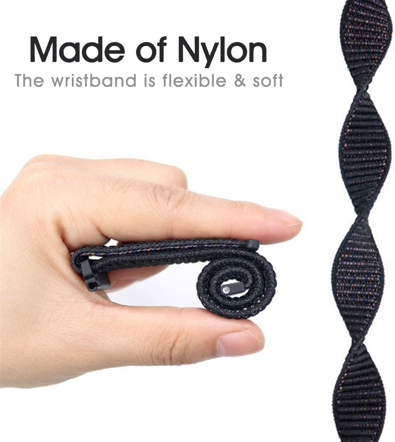 Eine Hand hält ein aufgerolltes schwarzes Nylon-Armband. Der Text lautet: 'Made of Nylon'. Rechts ist ein verdrehtes schwarzes Band.