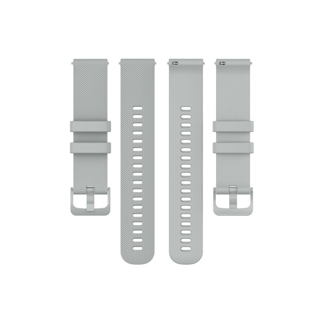 Drei graue Uhrenarmbänder sind auf weißem Hintergrund angeordnet. Jeder Riemen hat eine Schnalle und mehrere Löcher zur Anpassung.