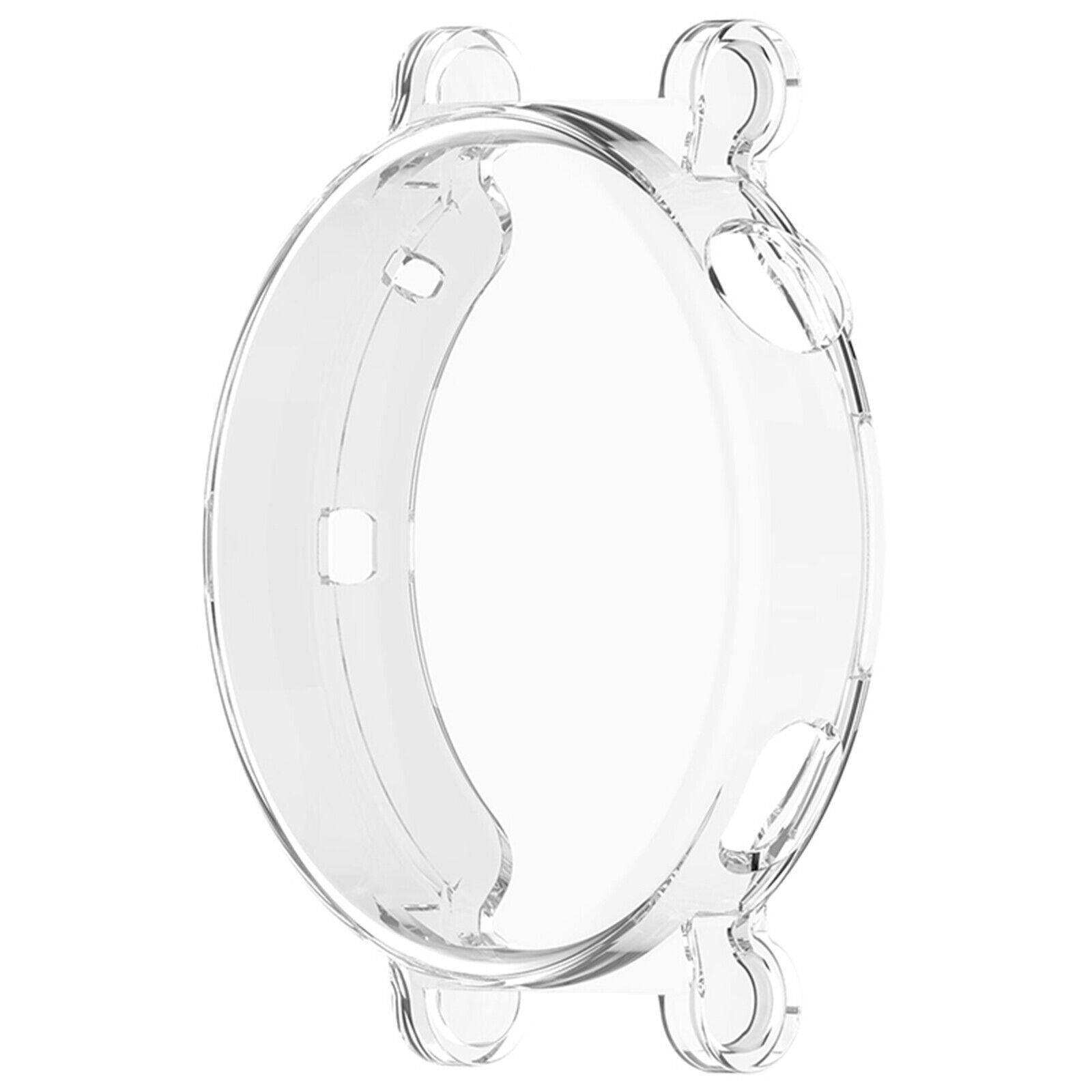 Eine transparente Schutzhülle für eine Uhr mit kreisförmigem Design. Sie hat vier gebogene Verlängerungen und kleine Löcher.