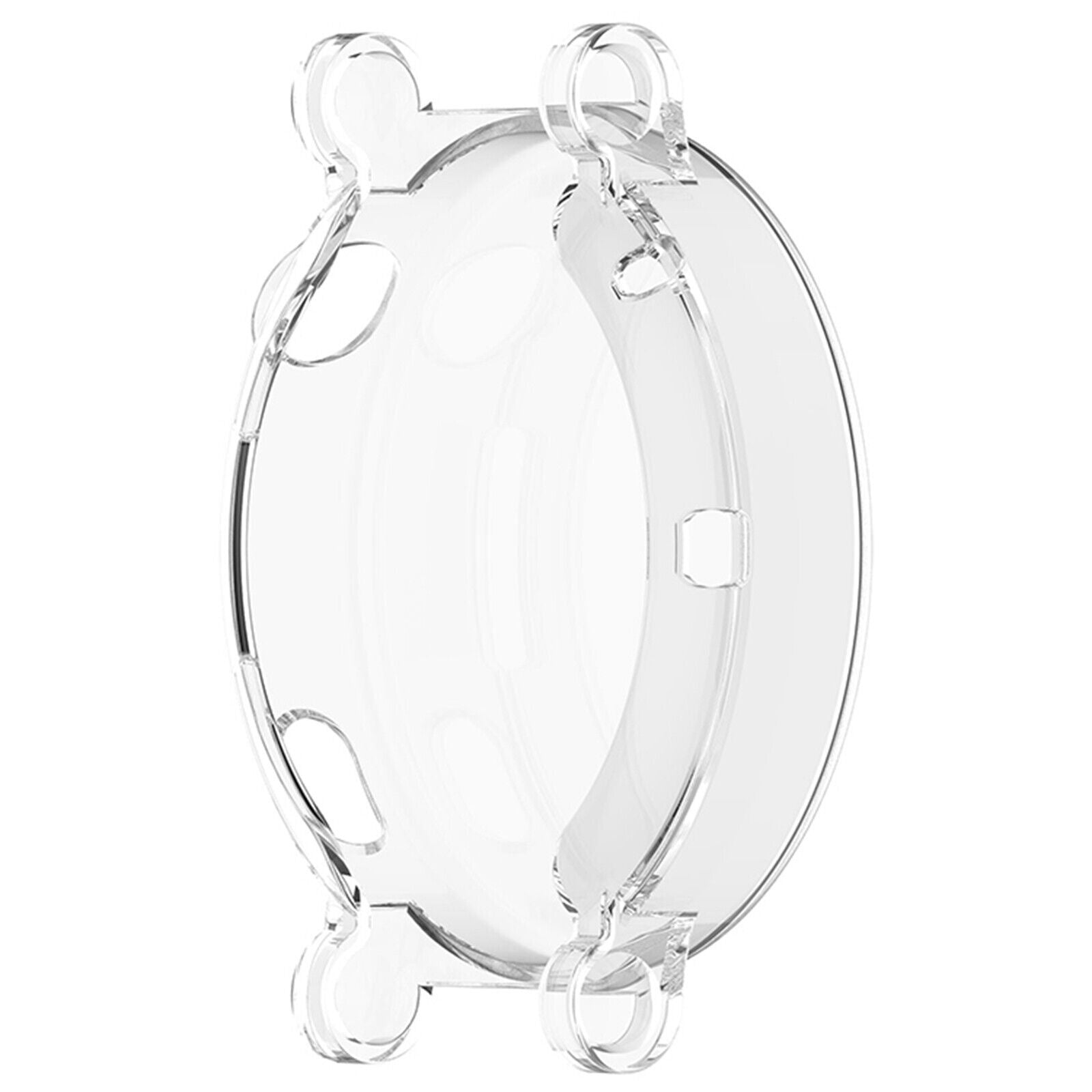 Klare, transparente Schutzhülle für ein rundes Gerät. Es hat ein kreisförmiges Design mit vier Befestigungspunkten.