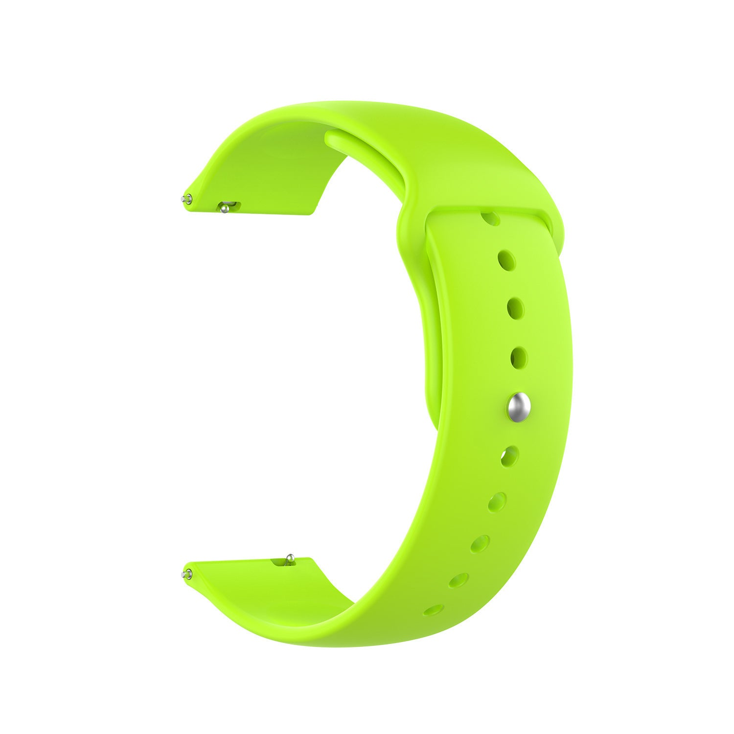 Ein hellgrünes Uhrenarmband vor weißem Hintergrund. Es hat Löcher zur Anpassung und Metallstifte zur Befestigung.