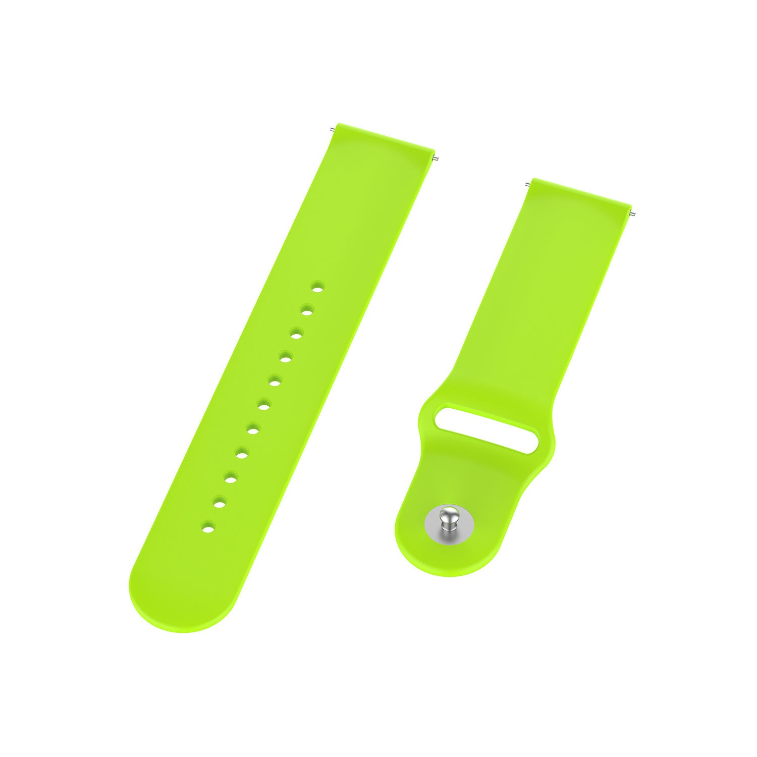 Zwei hellgrüne Uhrenarmbänder auf weißem Hintergrund. Ein Armband hat Löcher, das andere eine Schnalle mit Silbermetall.