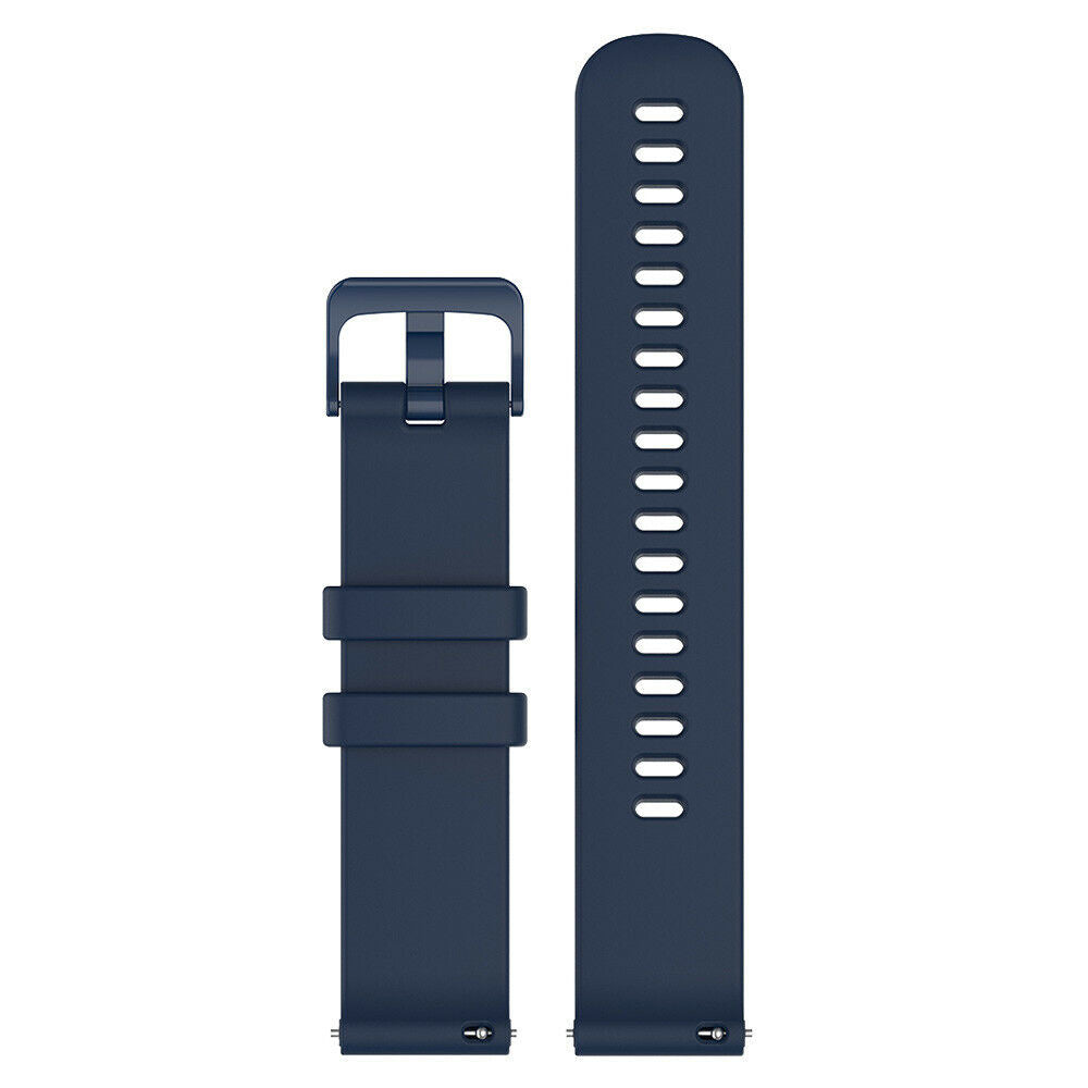Zwei marineblaue Uhrenarmbänder auf weißem Hintergrund. Eines hat eine Schnalle, das andere Löcher.