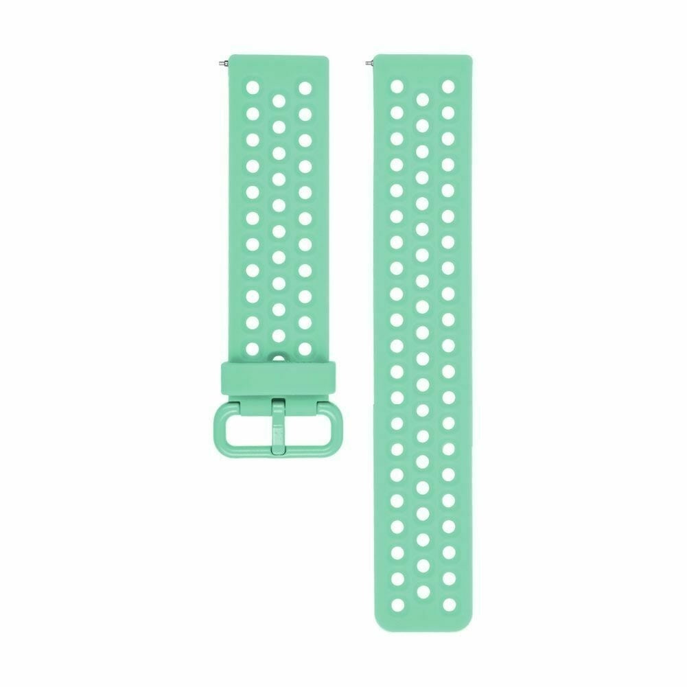 Zwei mintgrüne Armbänder mit kreisförmigen Perforationen sind vor weißem Hintergrund abgebildet. Eines hat eine Schnalle, das andere einen Stift.