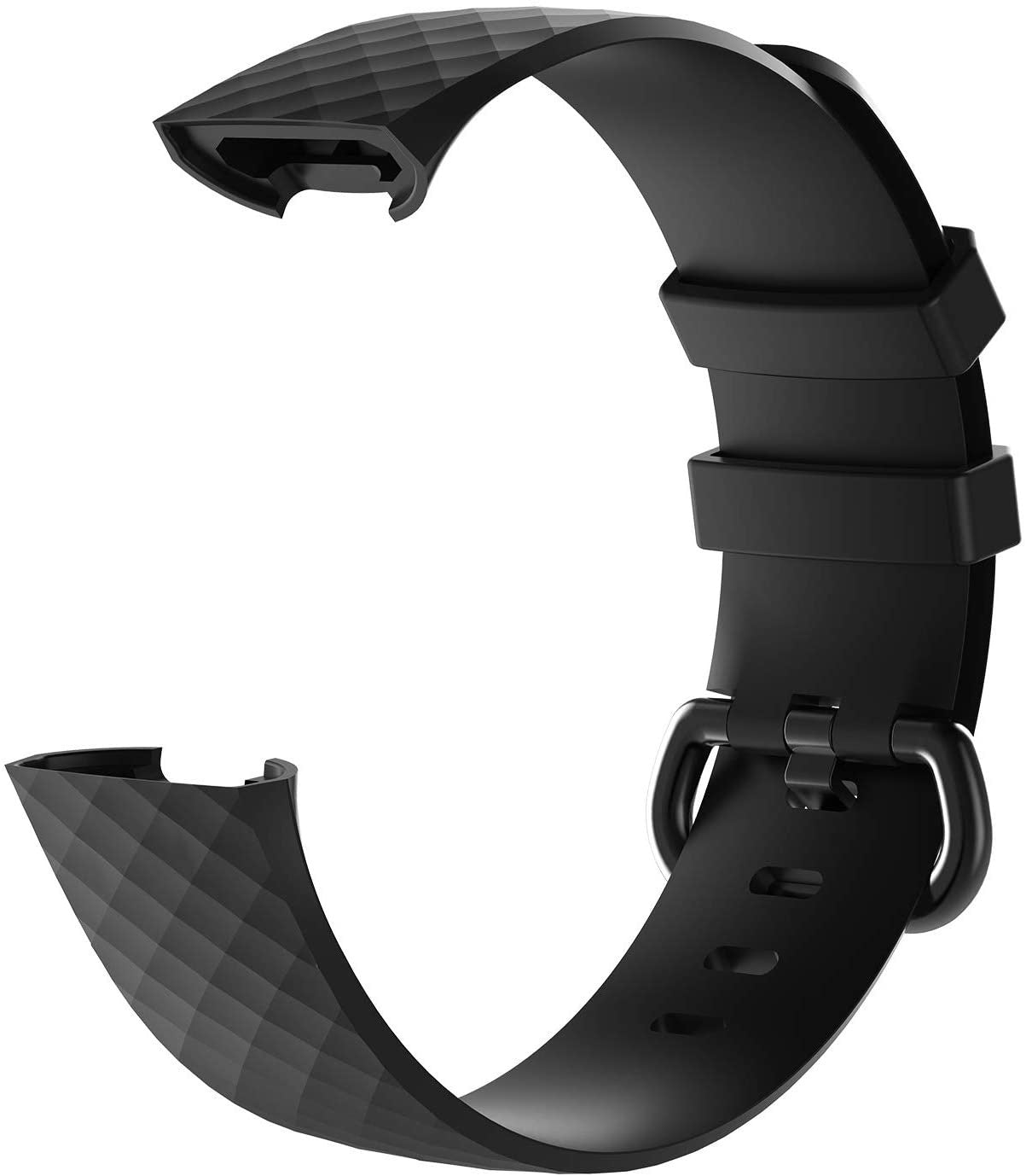 Ein schwarzes Uhrenarmband vor weißem Hintergrund. Das Band hat eine C-Form, mit strukturierter Oberseite und glatter Unterseite.
