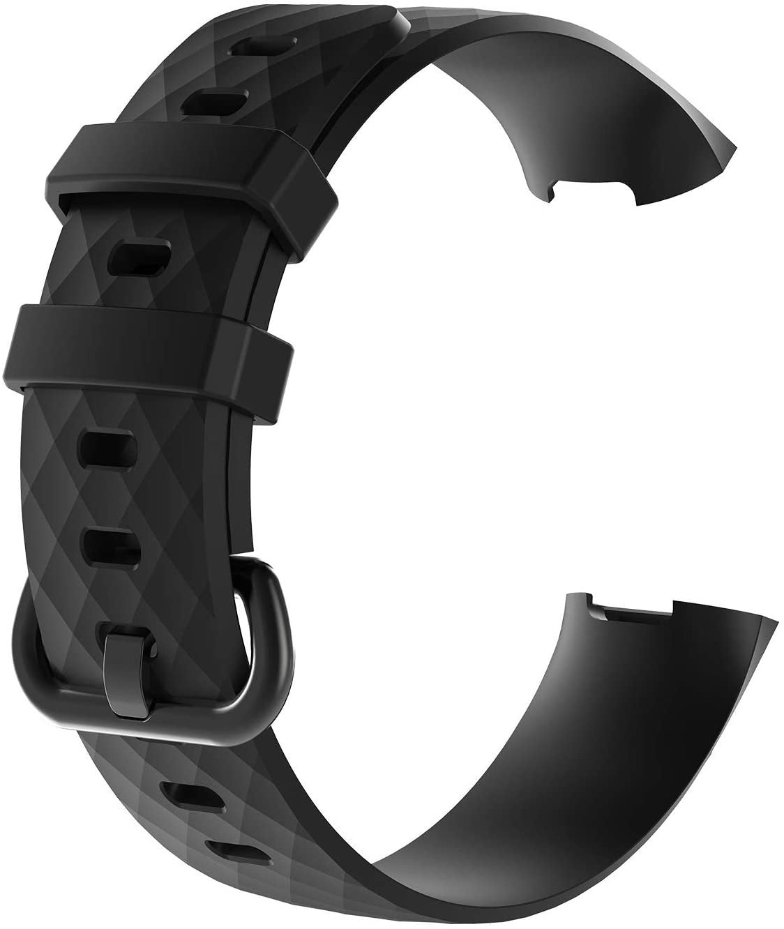 Ein schwarzes Armband für eine Smartwatch mit Schnalle und Rautenmuster. Das Armband ist gebogen, der Hintergrund ist weiß.