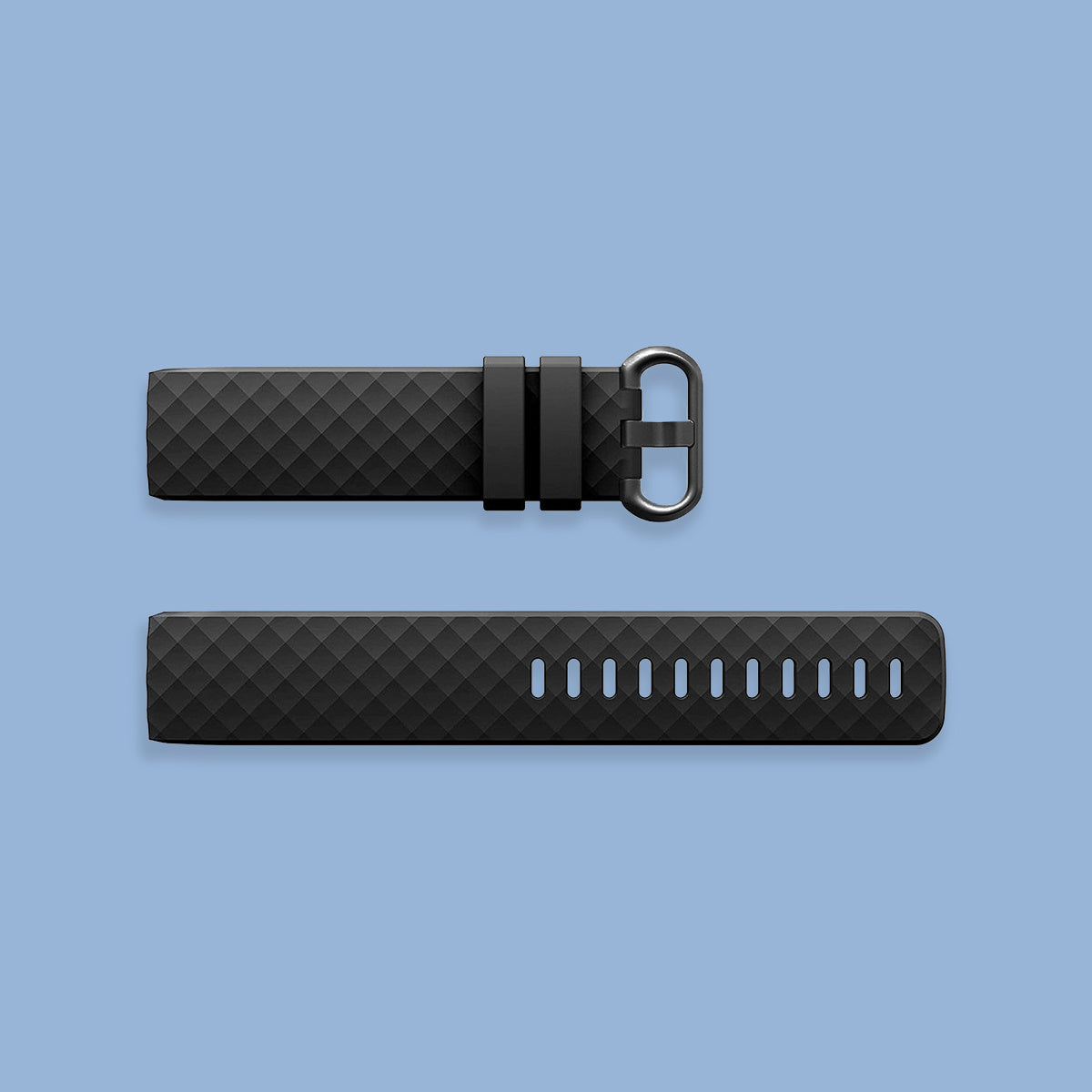 Zwei schwarze Uhrenarmbänder auf hellblauem Hintergrund. Eines hat eine Schnalle, das andere Löcher zur Einstellung.