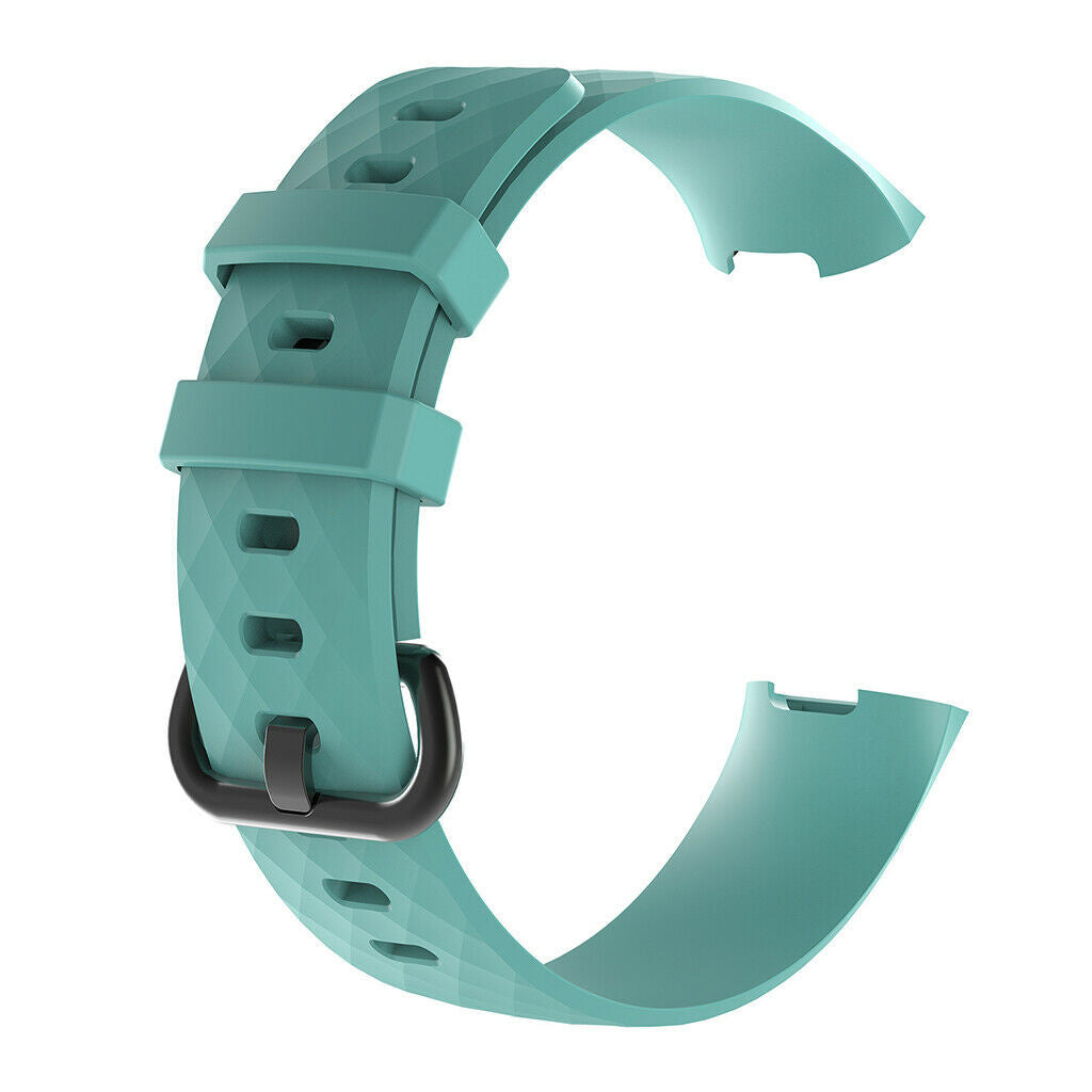 Ein türkisblaues Smartwatch-Armband mit schwarzem Verschluss. Es hat eine strukturierte Oberfläche und ist abgenommen. Der Hintergrund ist weiß.