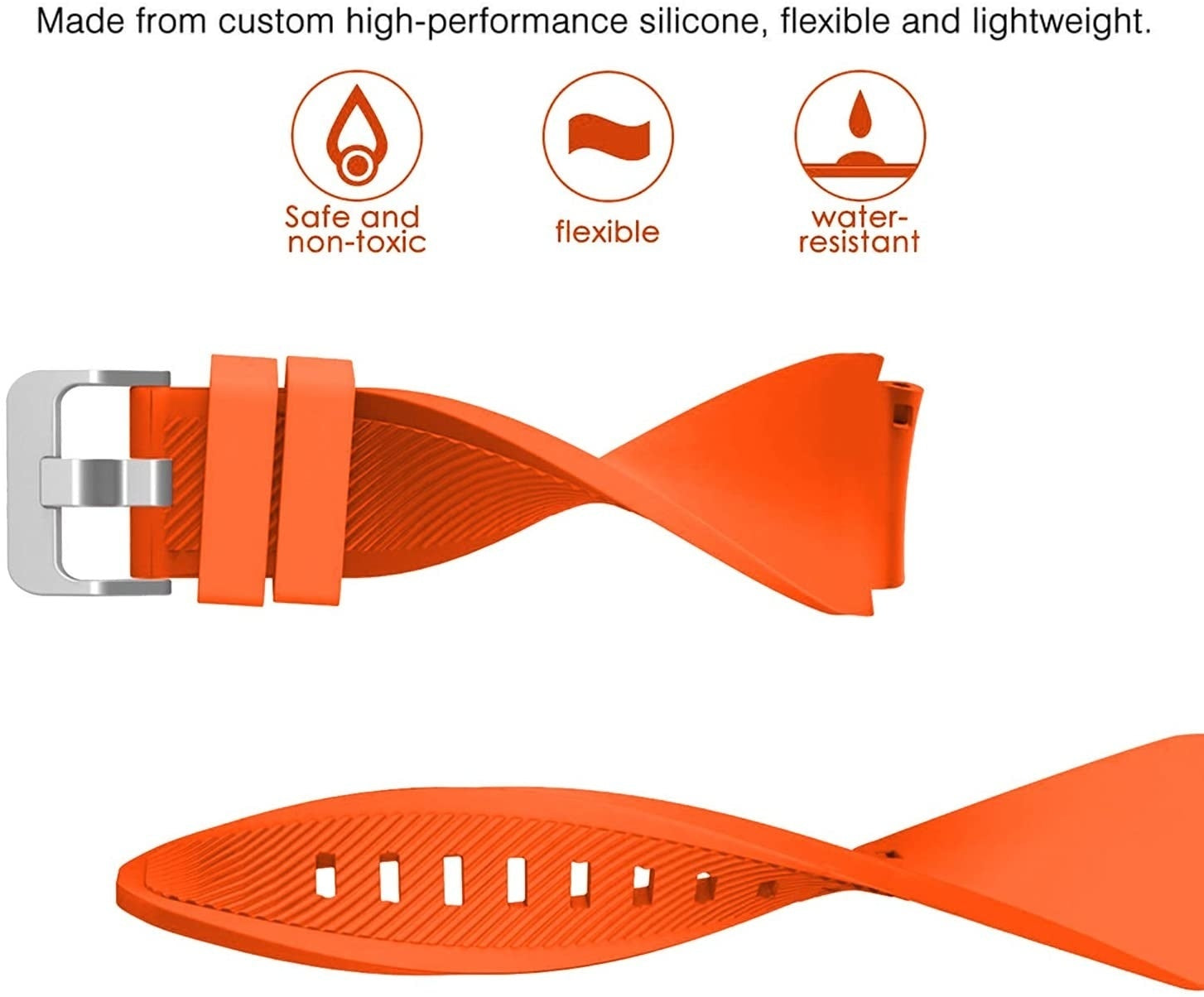 Orangenes Uhrenarmband mit silberner Schnalle. Text: sicher & ungiftig, flexibel, wasserabweisend. Aus Silikon, flexibel und leicht.