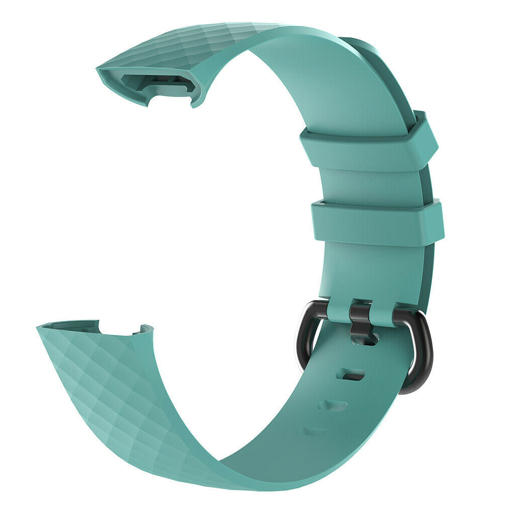 Ein türkisfarbenes Uhrenarmband mit einer schwarzen Schnalle. Das Armband ist gebogen und hat eine strukturierte Oberfläche. Der Hintergrund ist weiß.