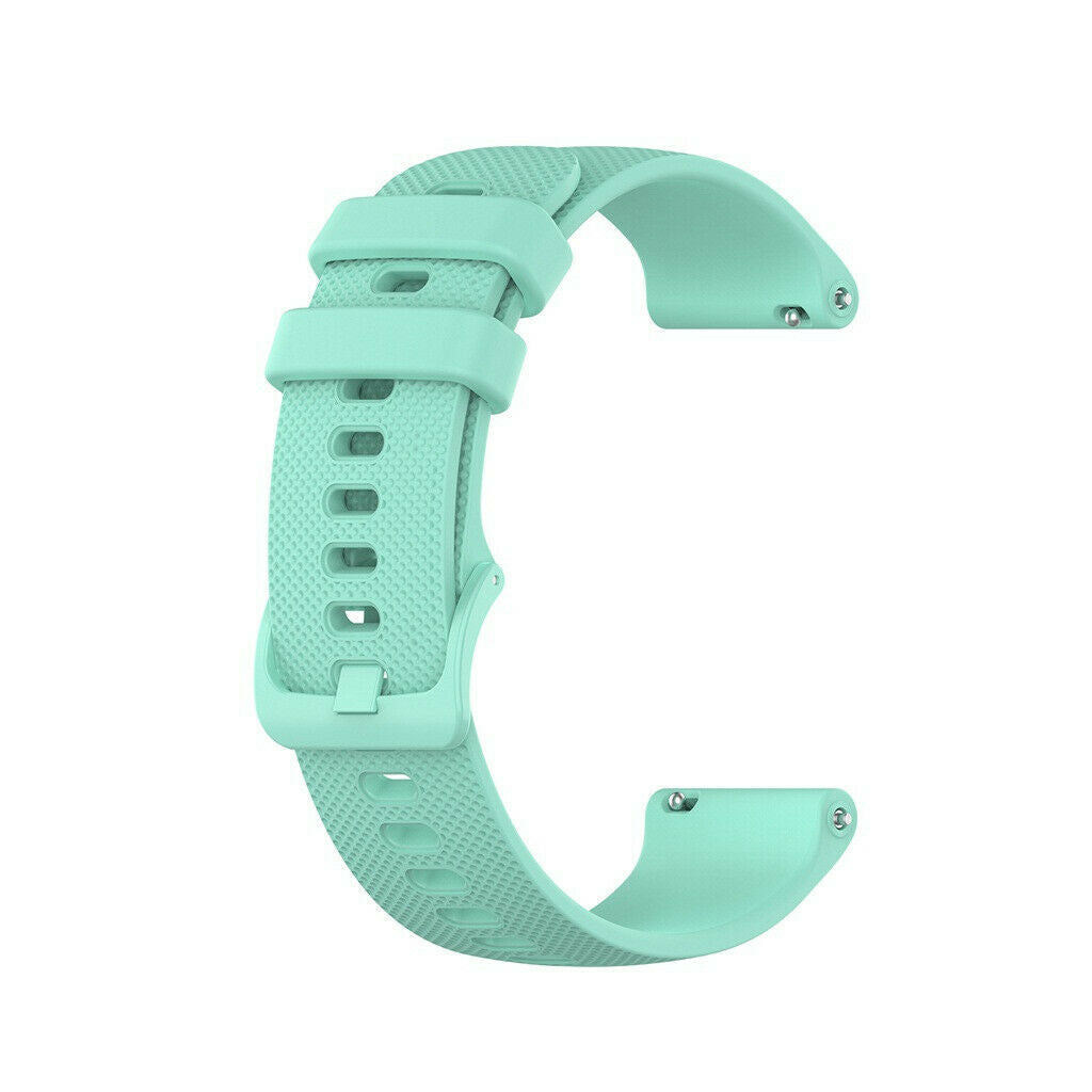 Ein mintgrünes Uhrenarmband in C-Form mit Löchern und einer Schnalle zur Verstellung. Isoliert auf weißem Hintergrund.