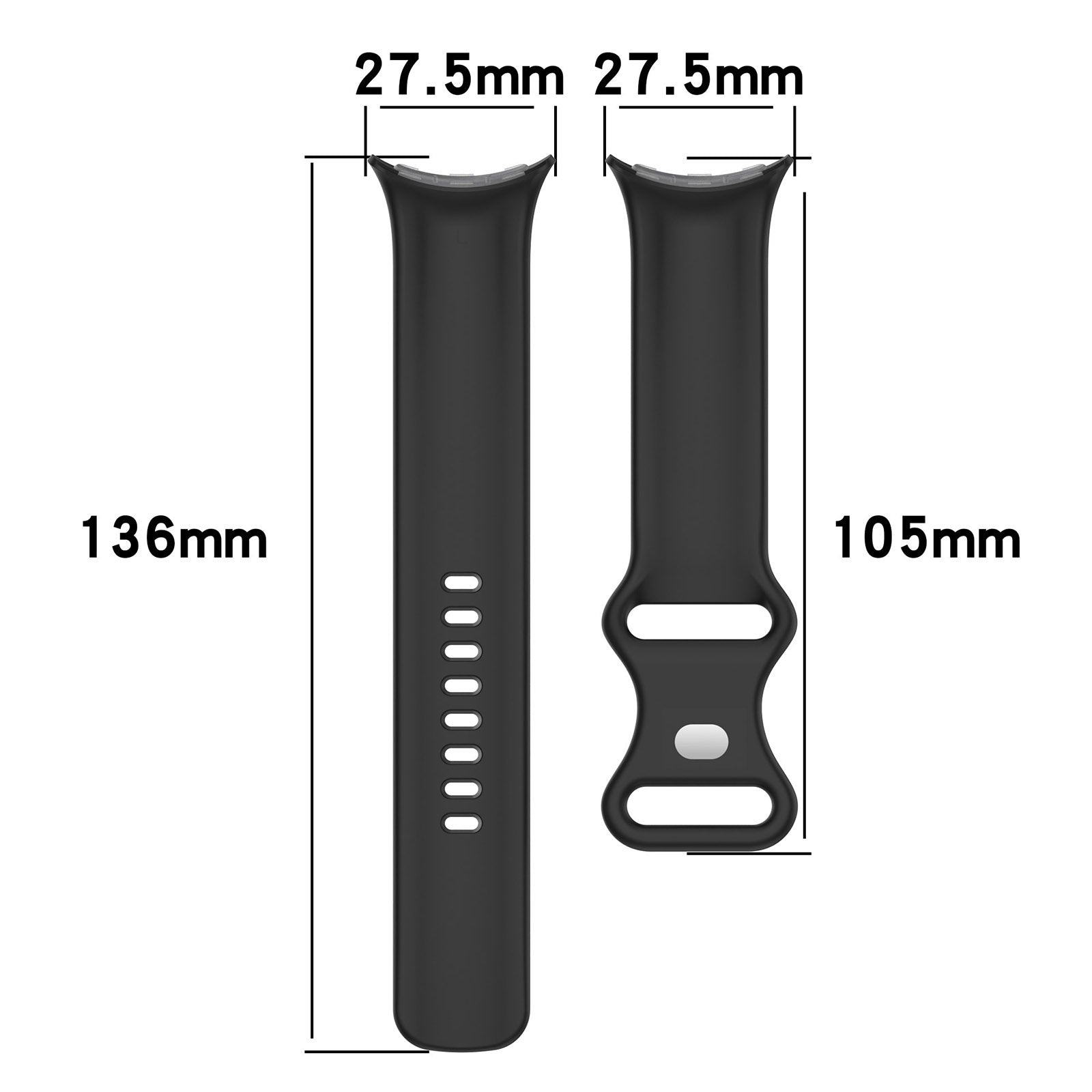 Zwei schwarze Uhrenarmbänder mit Maßen. Eines ist 136 mm lang, das andere 105 mm. Beide sind 27,5 mm breit. Weißer Hintergrund.