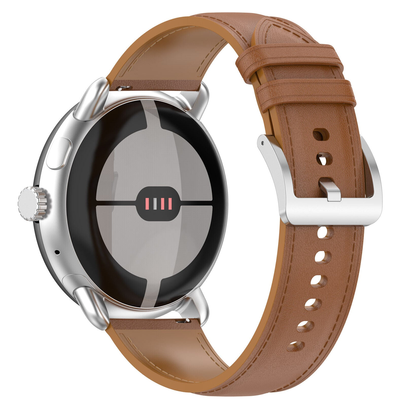 Silberne Smartwatch mit braunem Lederarmband. Das Zifferblatt ist schwarz mit grauem Zentrum und roten Balken.