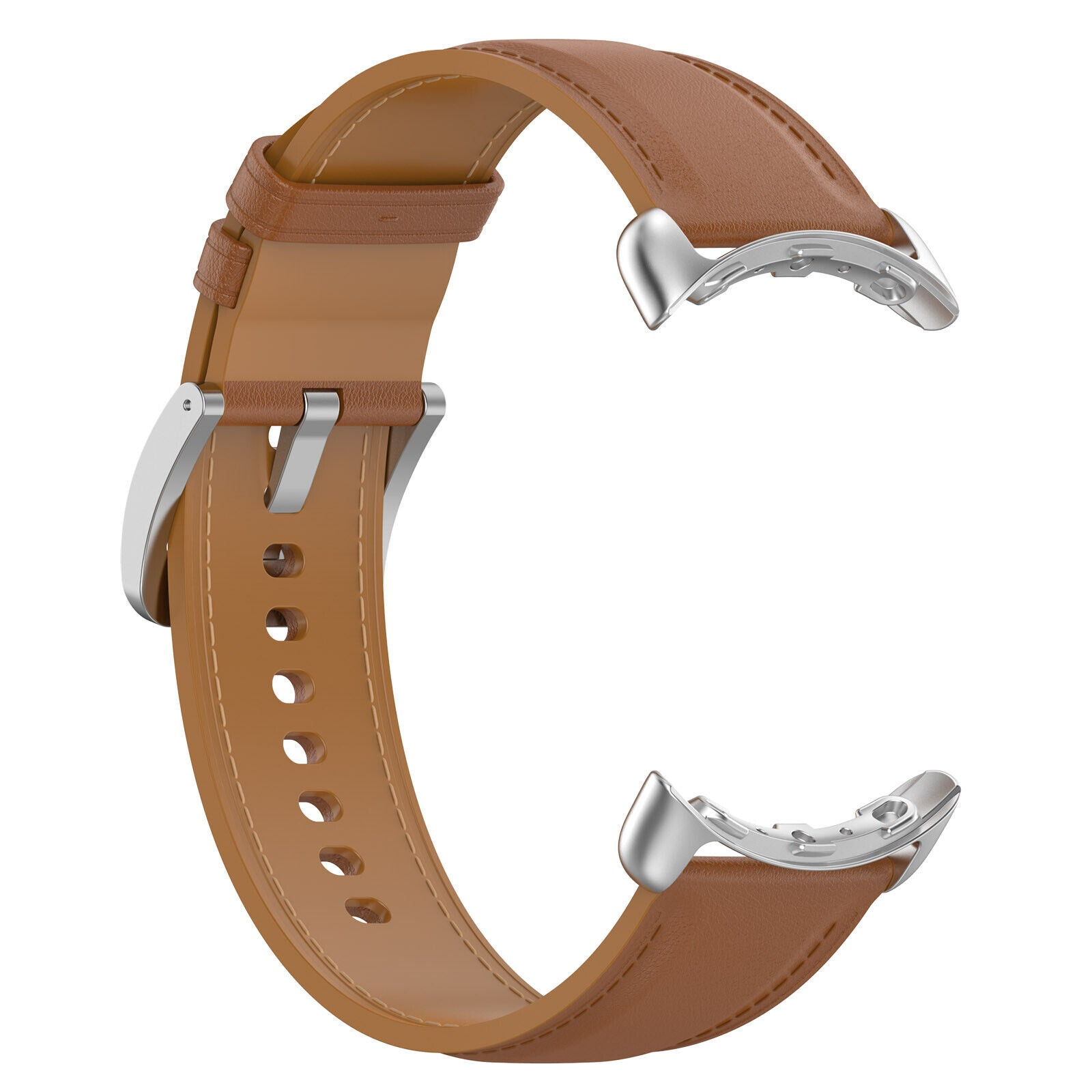 Ein braunes Lederarmband mit silbernen Metallverschlüssen. Das Armband ist gebogen und zeigt die Vorder- und Rückseite.