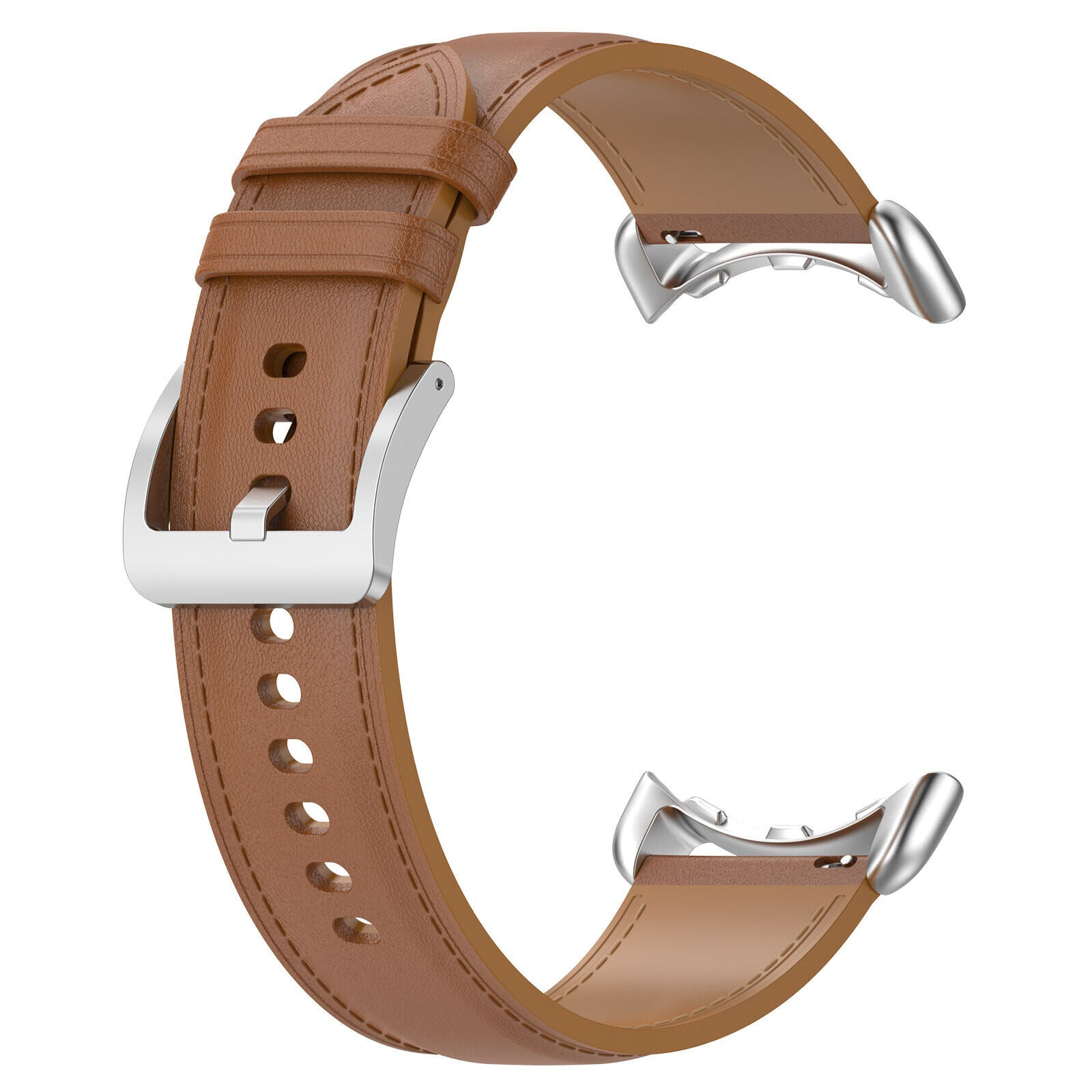 Braunes Leder-Uhrenarmband mit silberner Schnalle und Anschlüssen, gebogene Form.