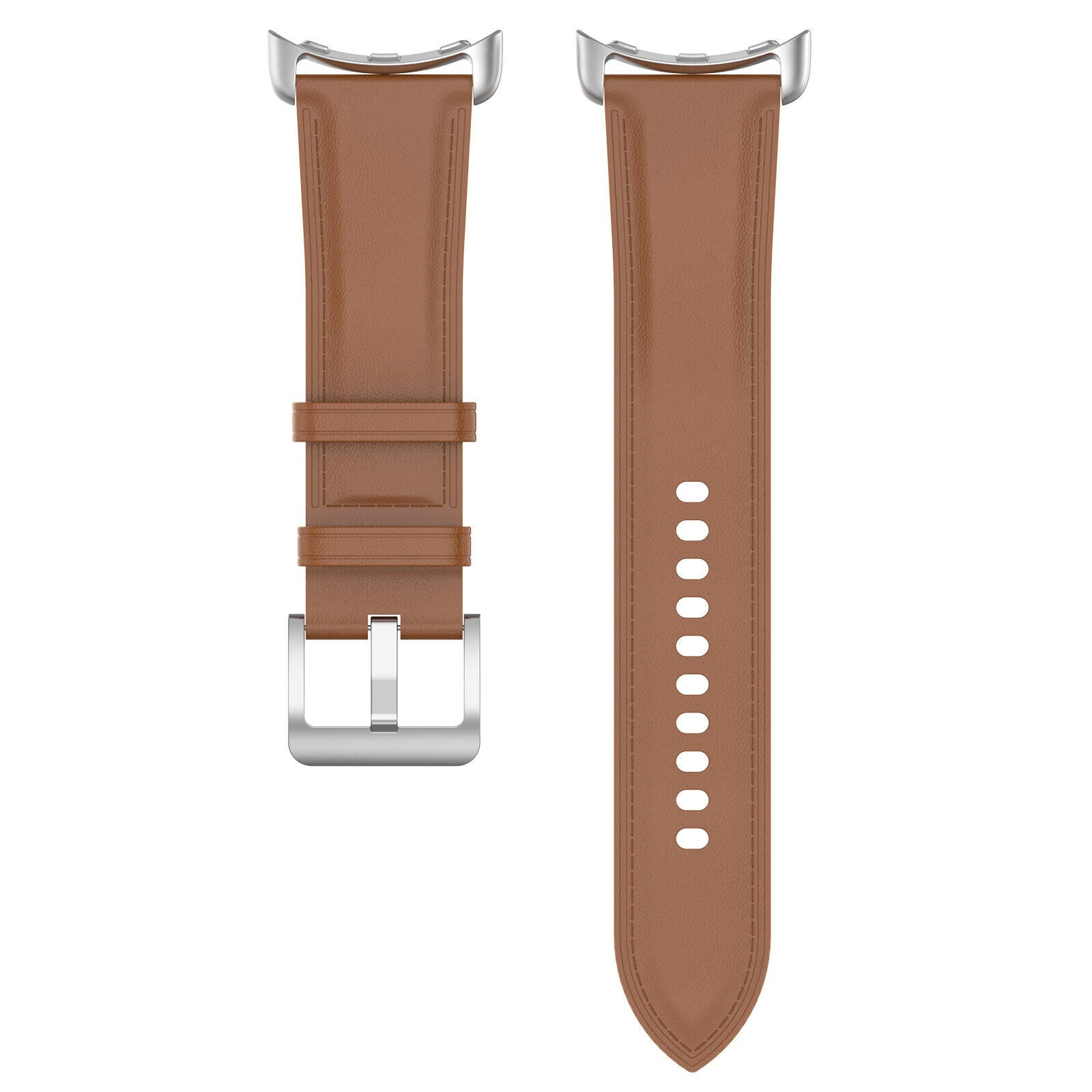 Zwei braune Leder-Uhrenarmbänder mit silbernen Verschlüssen. Ein Armband hat eine Schnalle, das andere hat Einstelllöcher. Weißer Hintergrund.
