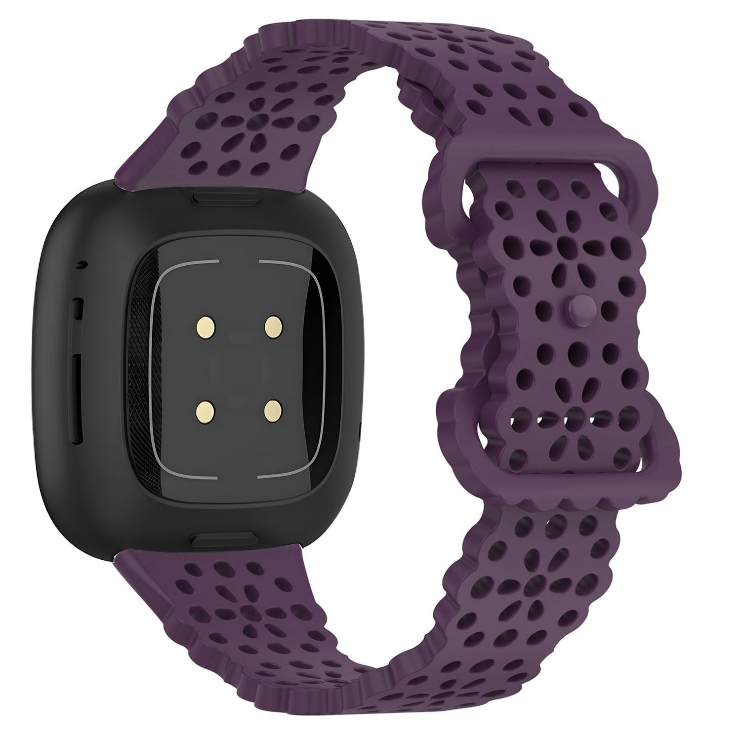 Eine schwarze Smartwatch mit einem lilafarbenen, perforierten Armband wird auf weißem Hintergrund angezeigt. Das Zifferblatt hat zwei goldene Punkte.
