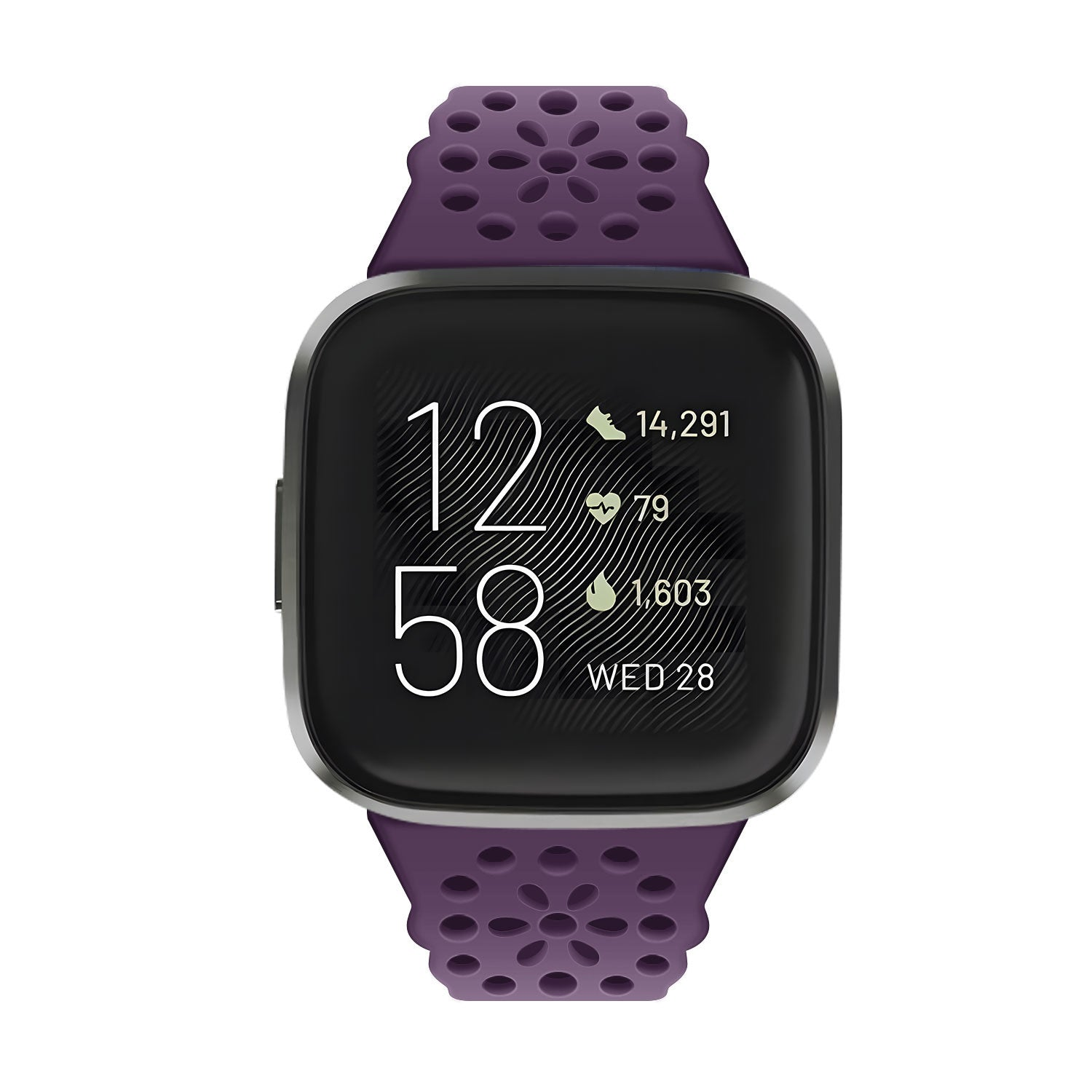 Eine lila Smartwatch mit schwarzem Bildschirm zeigt Zeit und Gesundheitsdaten an. Sie hat einen silbernen Rahmen und ein perforiertes Armband.