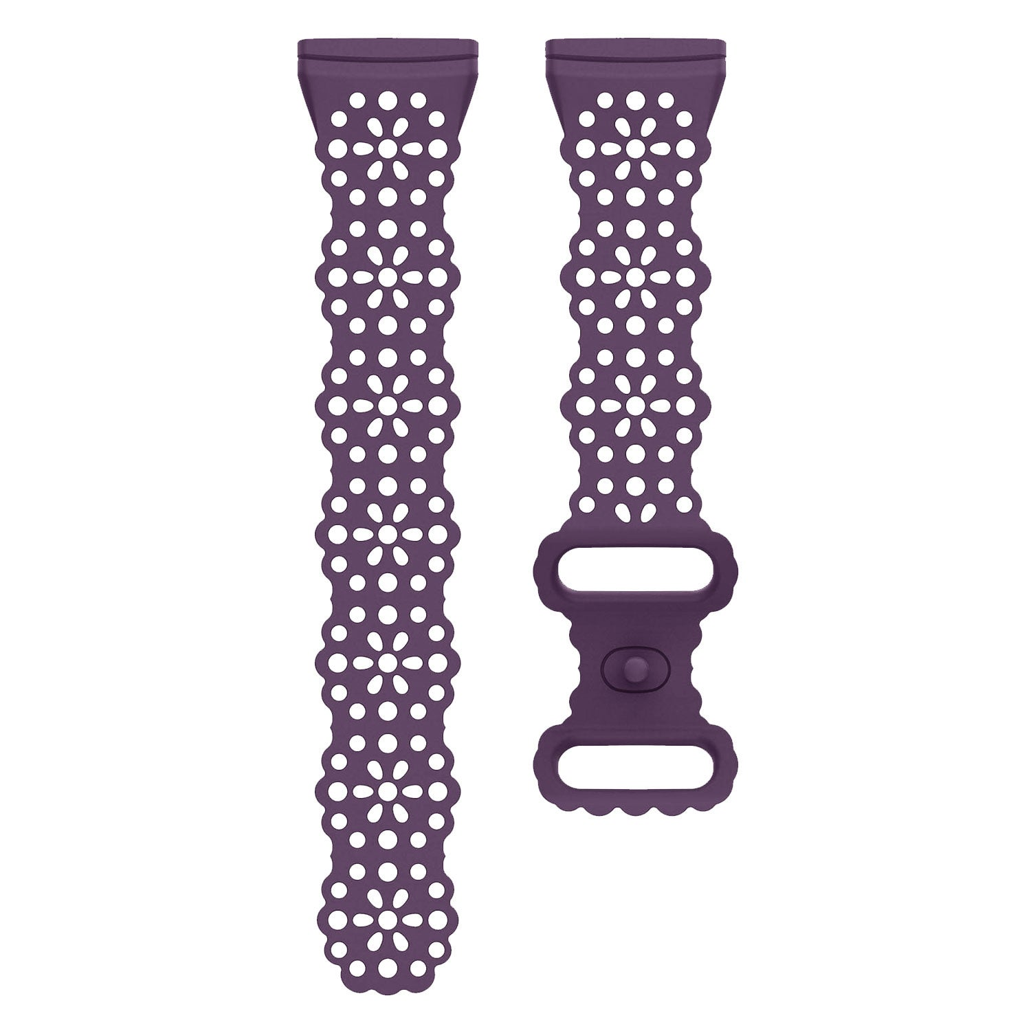 Zwei lila Uhrenarmbänder mit blütenförmigen Aussparungen und einem Verschluss. Ein Band ist mit dem Verschluss verbunden, das andere separat.