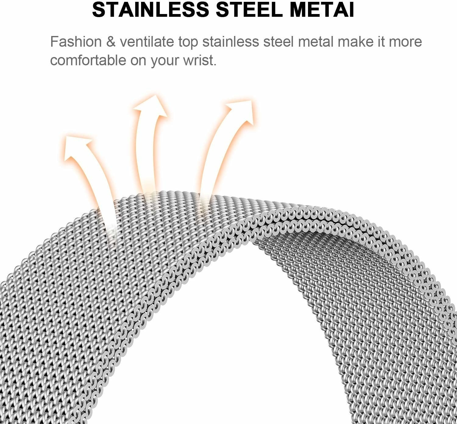 Nahaufnahme eines silbernen Edelstahl-Uhrenarmbands. Pfeile zeigen von dem Netz nach oben, Text lautet: 'EDELSTAHL METALL'.