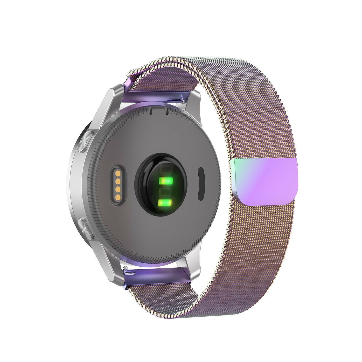 Eine silberne Smartwatch mit grauem Rücken und Metallarmband. Die Uhr zeigt grüne Lichter. Das Band hat lila und goldene Töne.