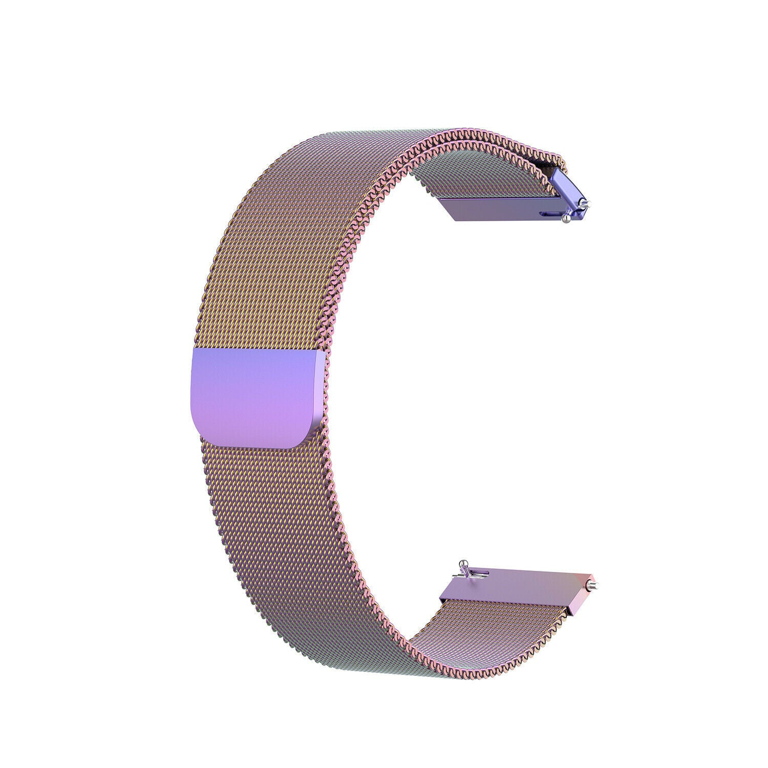 Ein gebogenes, metallisches Uhrenarmband. Es besteht aus einem feinen Netz mit lila und goldenen Farbtönen. Der Hintergrund ist weiß.