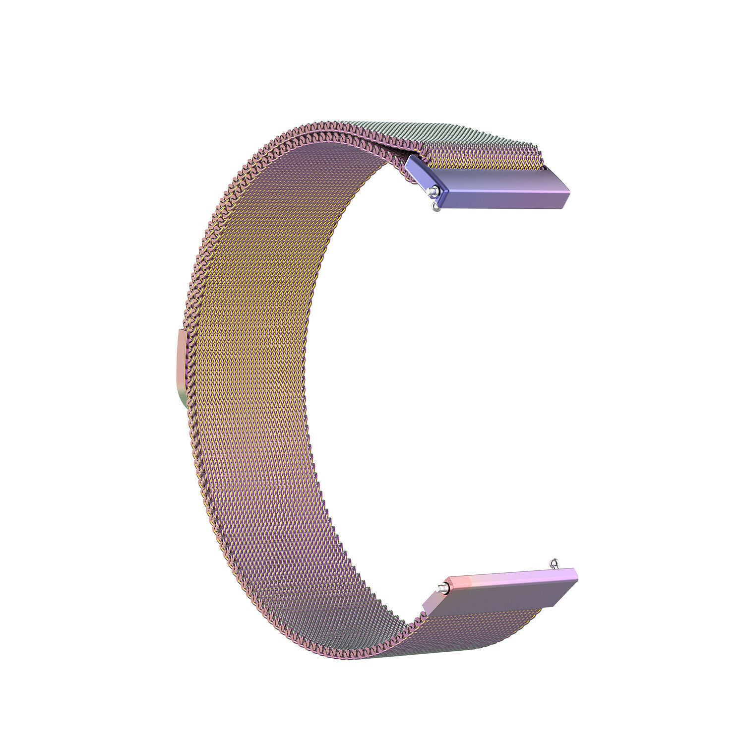 Ein gebogenes, schillerndes Metall-Uhrenarmband vor weißem Hintergrund. Das Band hat ein Mesh-Design und zwei rechteckige Aufsätze.