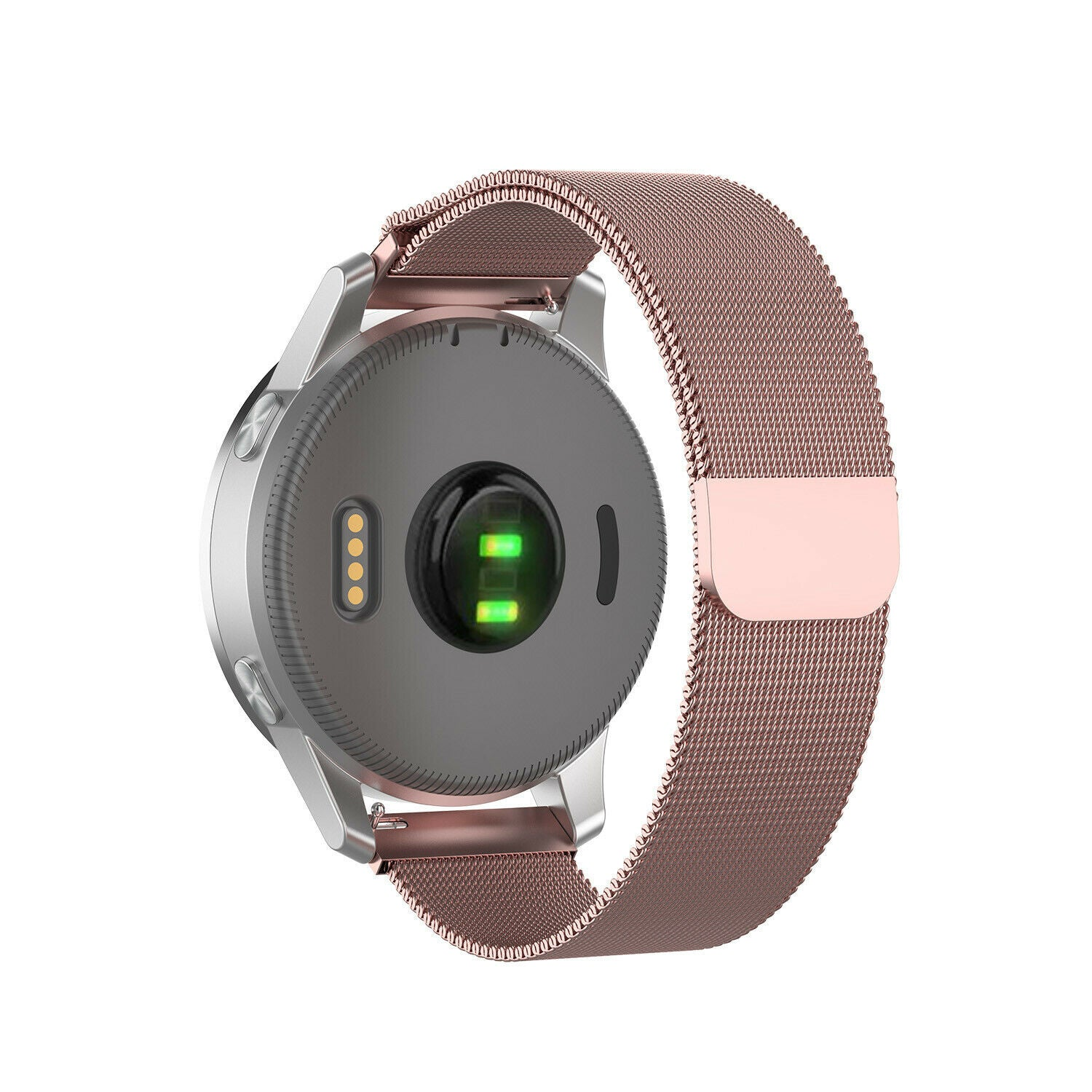 Eine silberne Smartwatch mit einem bronzefarbenen Mesh-Armband wird angezeigt. Die Rückseite der Uhr zeigt Sensoren.
