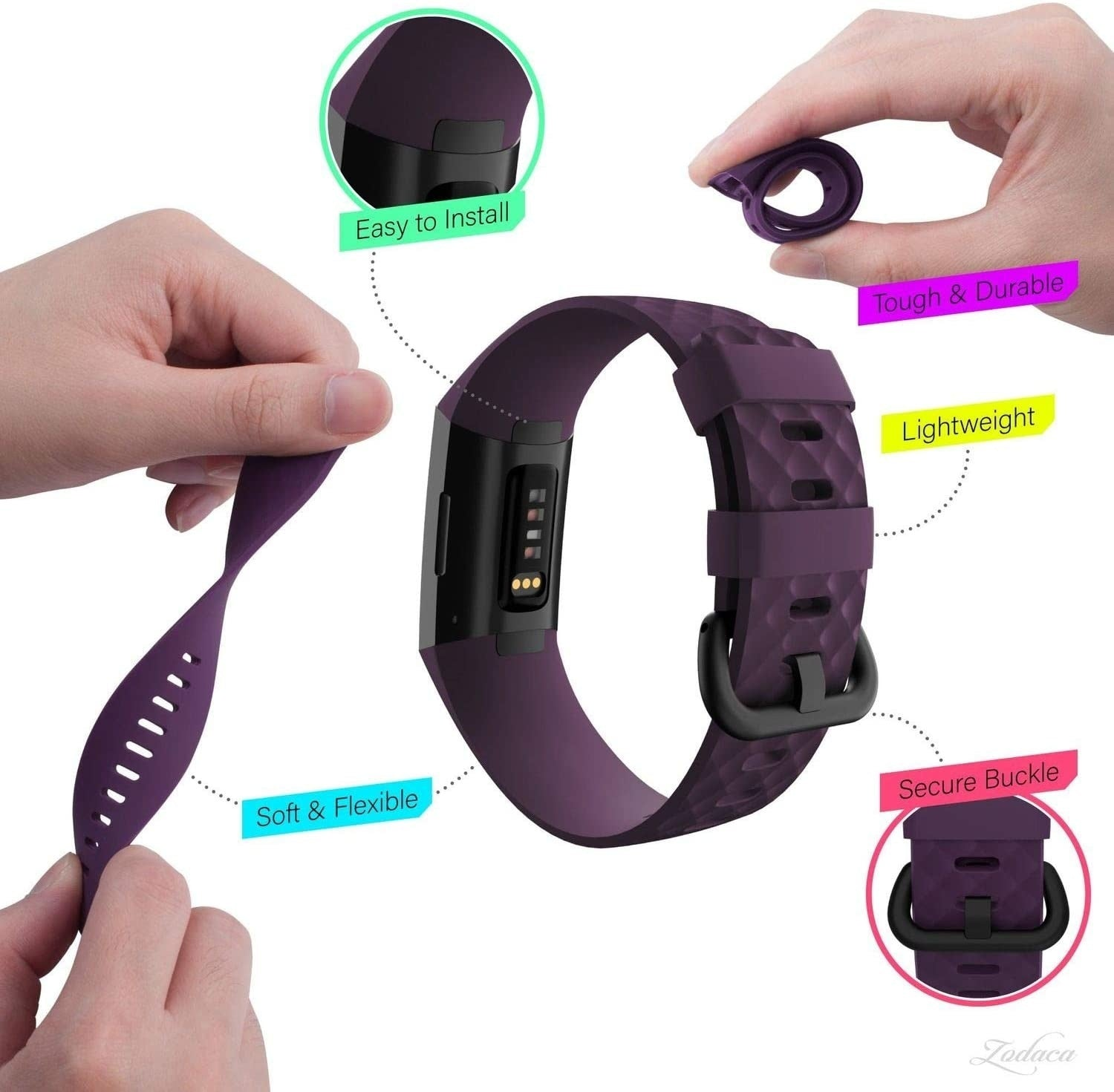 Ein lila Smartwatch-Armband wird mit Etiketten angezeigt, die Funktionen hervorheben. Hände zeigen Flexibilität und einfache Installation.