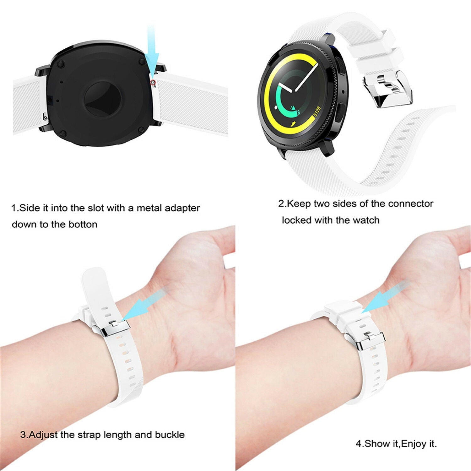 Das Bild zeigt ein Uhrenarmband, das an einer Uhr befestigt wird. Schritte: in den Schlitz stecken, Verbinder verriegeln, Armband anpassen, genießen.