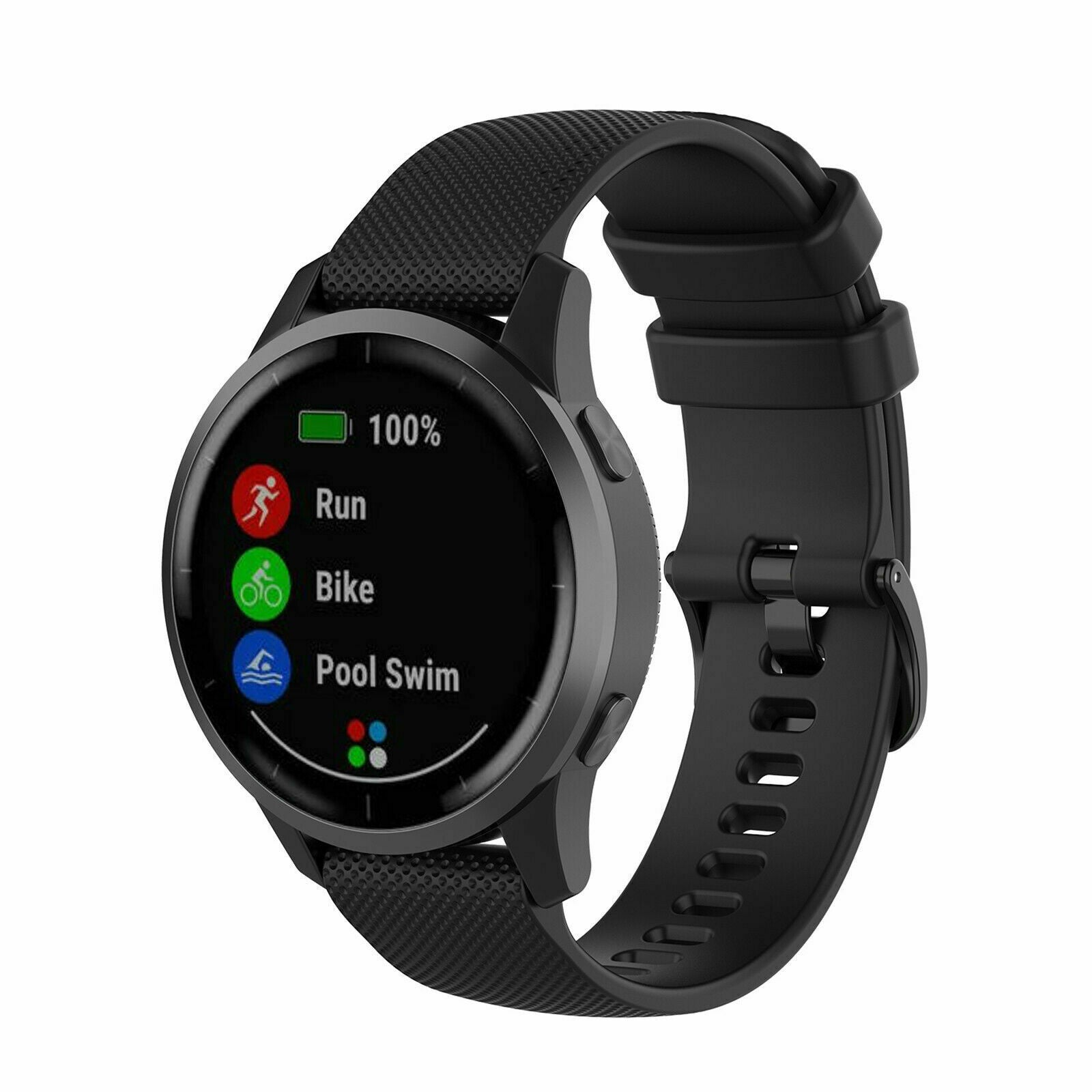 Schwarze Smartwatch mit rundem Zifferblatt. Sie zeigt 100% Akku, Optionen für Laufen, Radfahren und Schwimmen an. Schwarzes Armband mit Schnalle.
