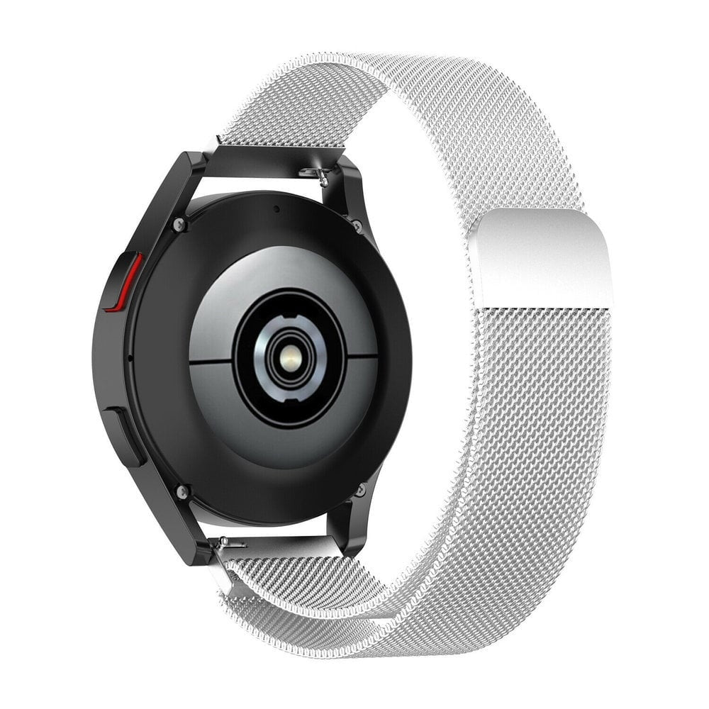 Eine schwarze Smartwatch mit silbernem Mesh-Armband. Die Rückseite der Uhr ist sichtbar und zeigt Sensoren und eine zentrale Linse. Das Band ist gebogen.