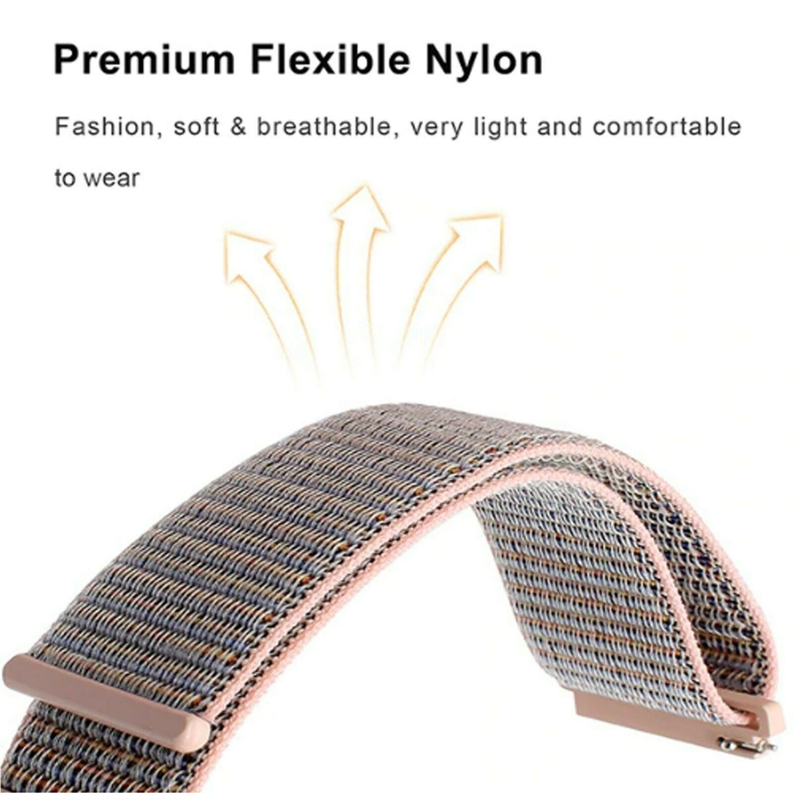 Gezeigt wird ein Uhrenarmband aus flexiblem Nylon. Es hat ein gewebtes Muster in Grau und Braun. Der Hintergrund ist weiß.