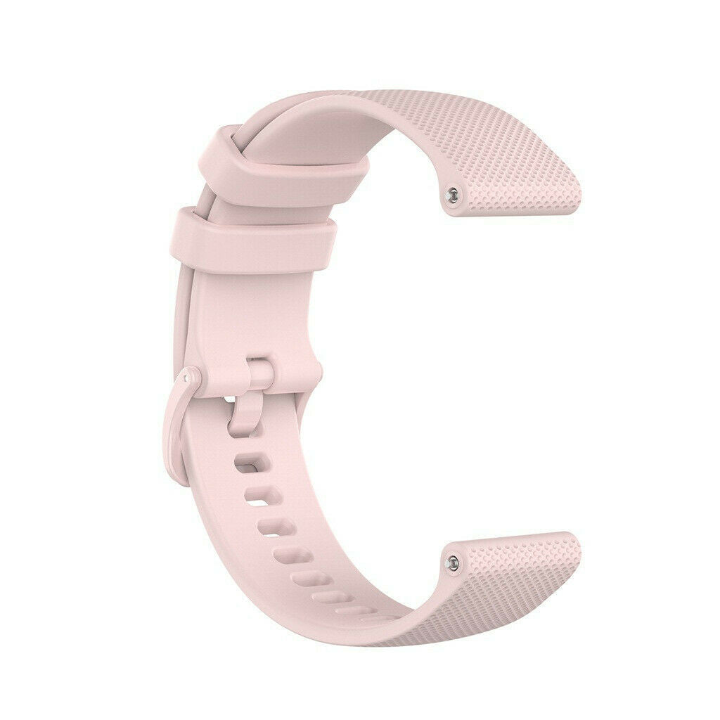 Ein hellrosa Uhrenarmband wird gezeigt. Das Armband ist gebogen und hat ein strukturiertes Ende und eine Schnalle zur Einstellung. Es ist vor einem weißen Hintergrund.