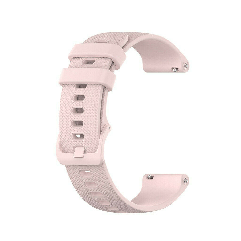 Ein hellrosa Uhrenarmband vor weißem Hintergrund. Es hat eine Schnalle und mehrere Löcher zur Einstellung. Das Armband ist gebogen.