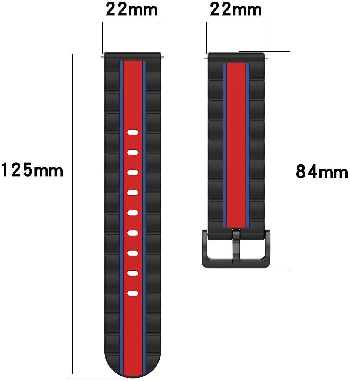 Schwarze Uhrenarmbandsegmente mit roten und blauen Streifen werden angezeigt. Abmessungen sind angegeben: 22 mm, 125 mm und 84 mm.