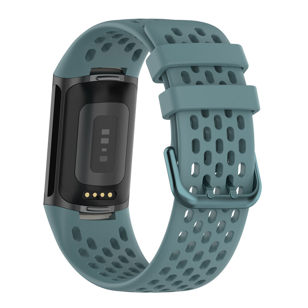 Ein türkisfarbener Fitnesstracker mit schwarzem Bildschirm und türkisfarbenem Armband. Das Armband hat Löcher. Die Schnalle ist silberfarben.