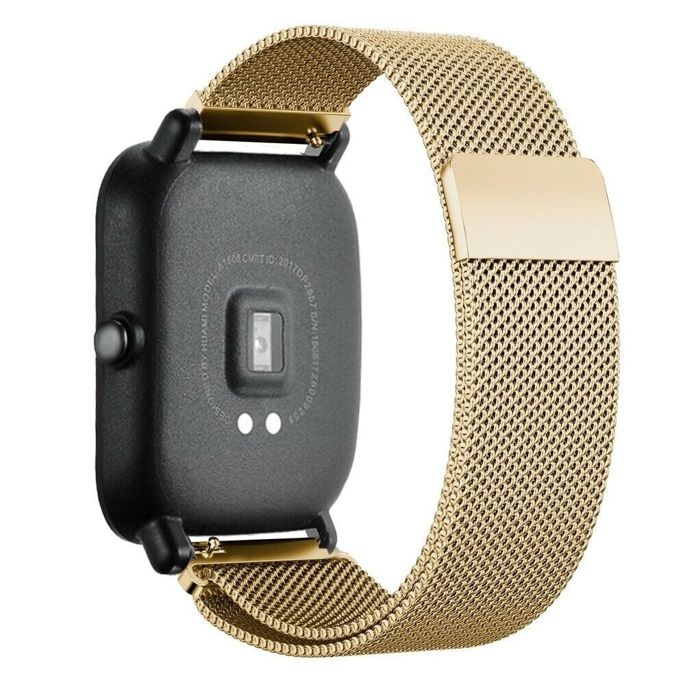 Schwarze Smartwatch mit goldenem Mesh-Armband. Das Zifferblatt hat einen Bildschirm und Sensoren. Das Band ist oben befestigt.