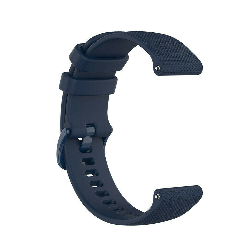 Marineblaues Uhrenarmband. Das Band ist gebogen mit einer Schnalle und Löchern zur Anpassung. Die Enden haben strukturierte Oberflächen.
