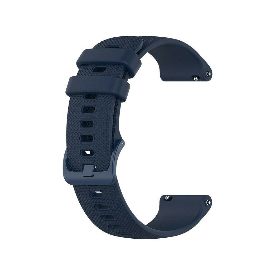 Ein marineblaues Uhrenarmband wird vor einem weißen Hintergrund gezeigt. Es ist ein gebogenes, flexibles Band mit Schnalle und Löchern zur Anpassung.