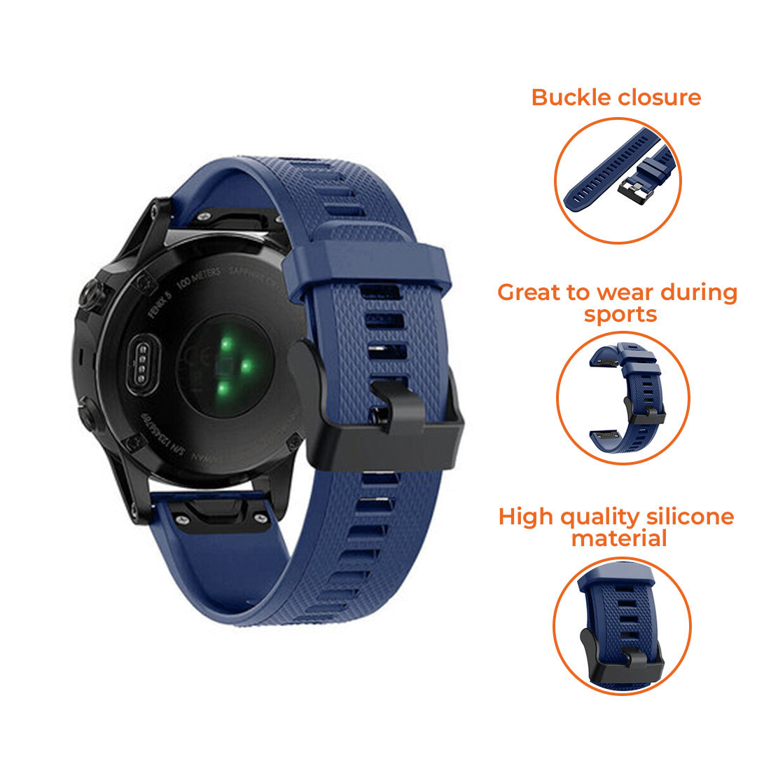 Eine blaue Smartwatch mit schwarzer Schnalle, mit drei kleineren Bildern, die Schnallenverschluss, Sporteignung und Silikonmaterial zeigen.