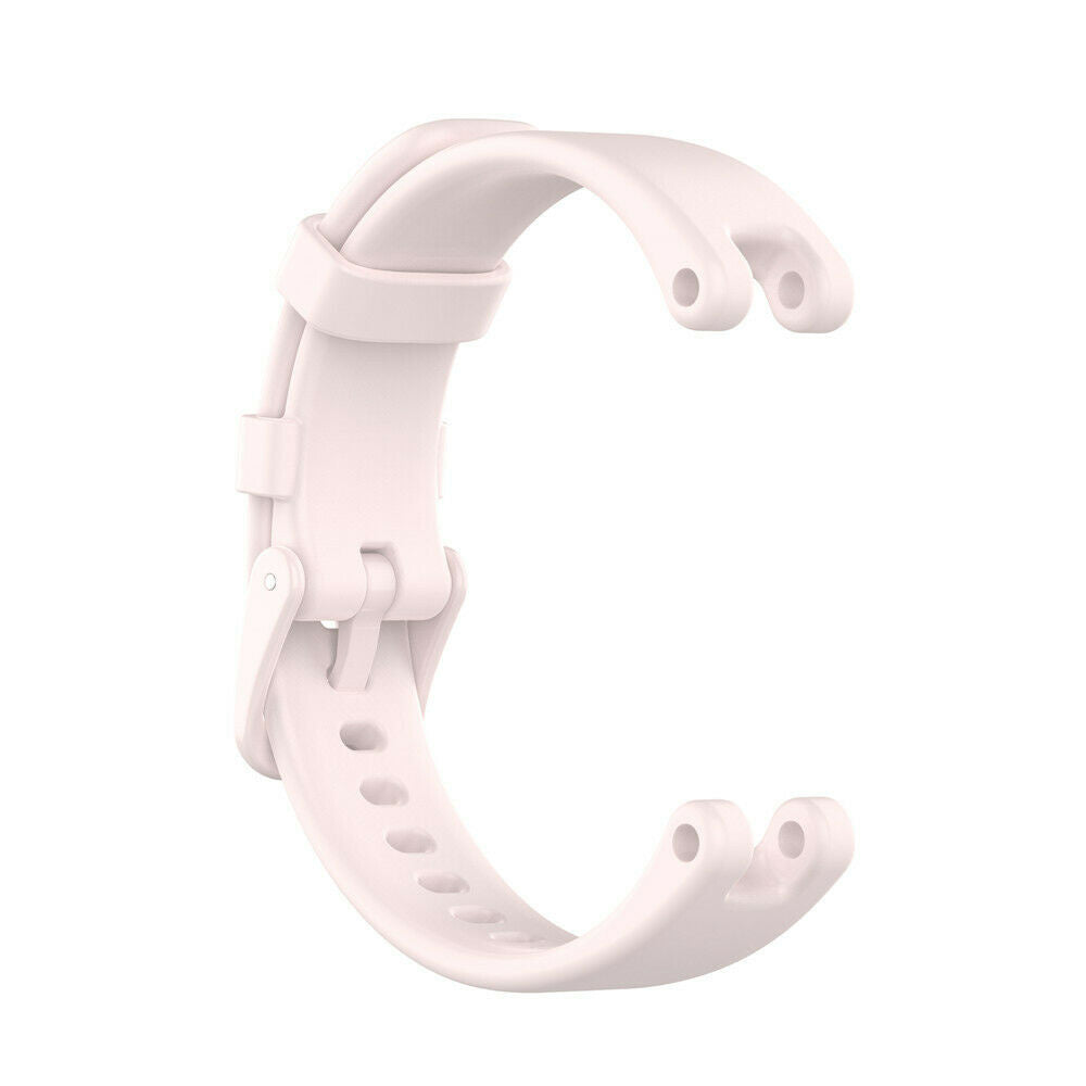 Ein hellrosa Uhrenarmband ist gebogen und offen. Das Armband hat eine Schnalle, Löcher und zwei kreisförmige Anschlusspunkte.