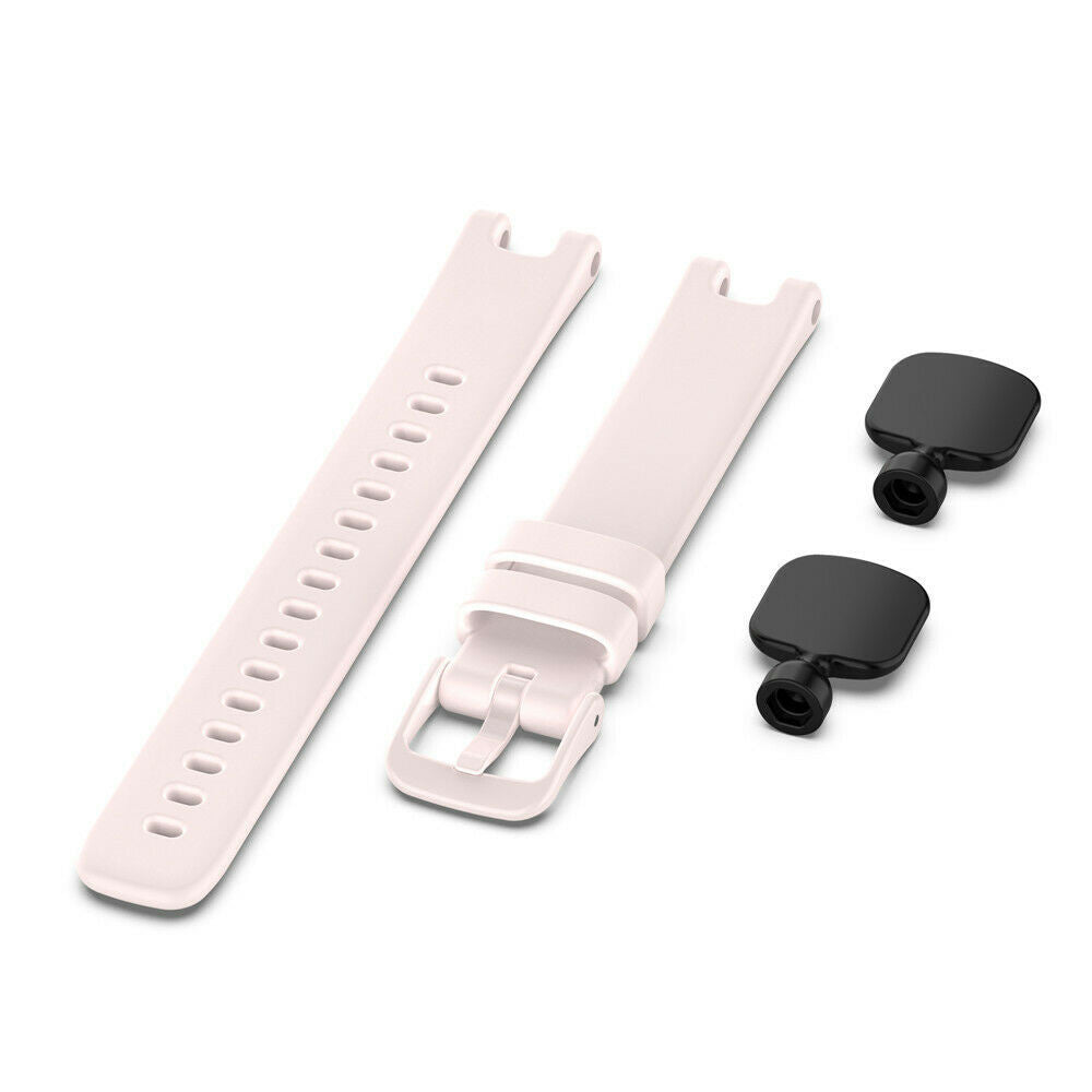 Rosa Uhrenarmbänder und schwarze Anschlüsse auf weißem Hintergrund. Armbänder haben Löcher und eine Schnalle. Anschlüsse sind quadratisch.