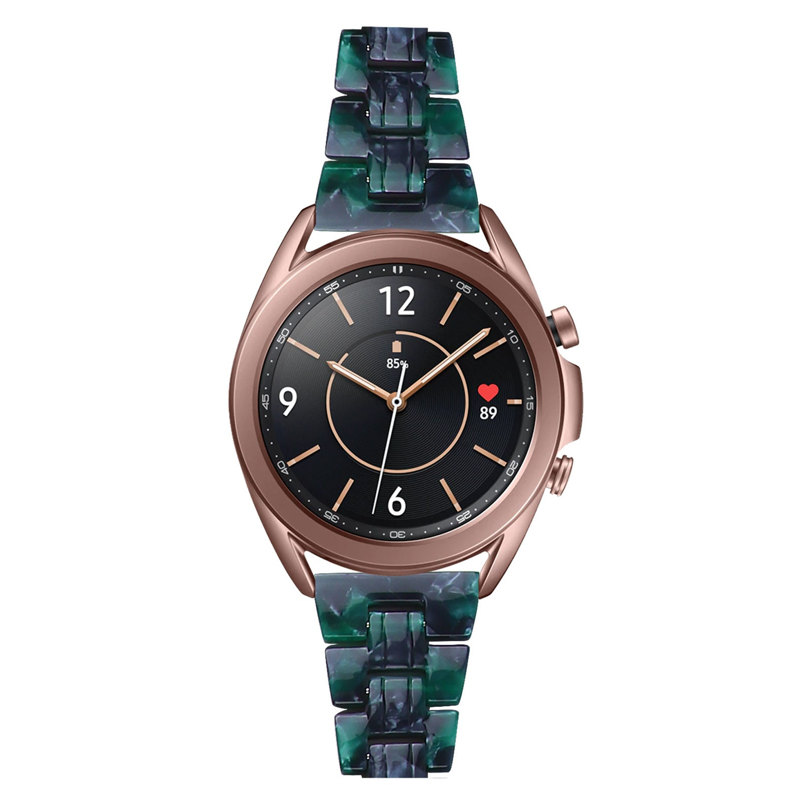 Eine roségoldene Smartwatch mit schwarzem Zifferblatt, Zahlen und einem grün-blauen Musterband. Zeigt Zeit und Herzfrequenz.