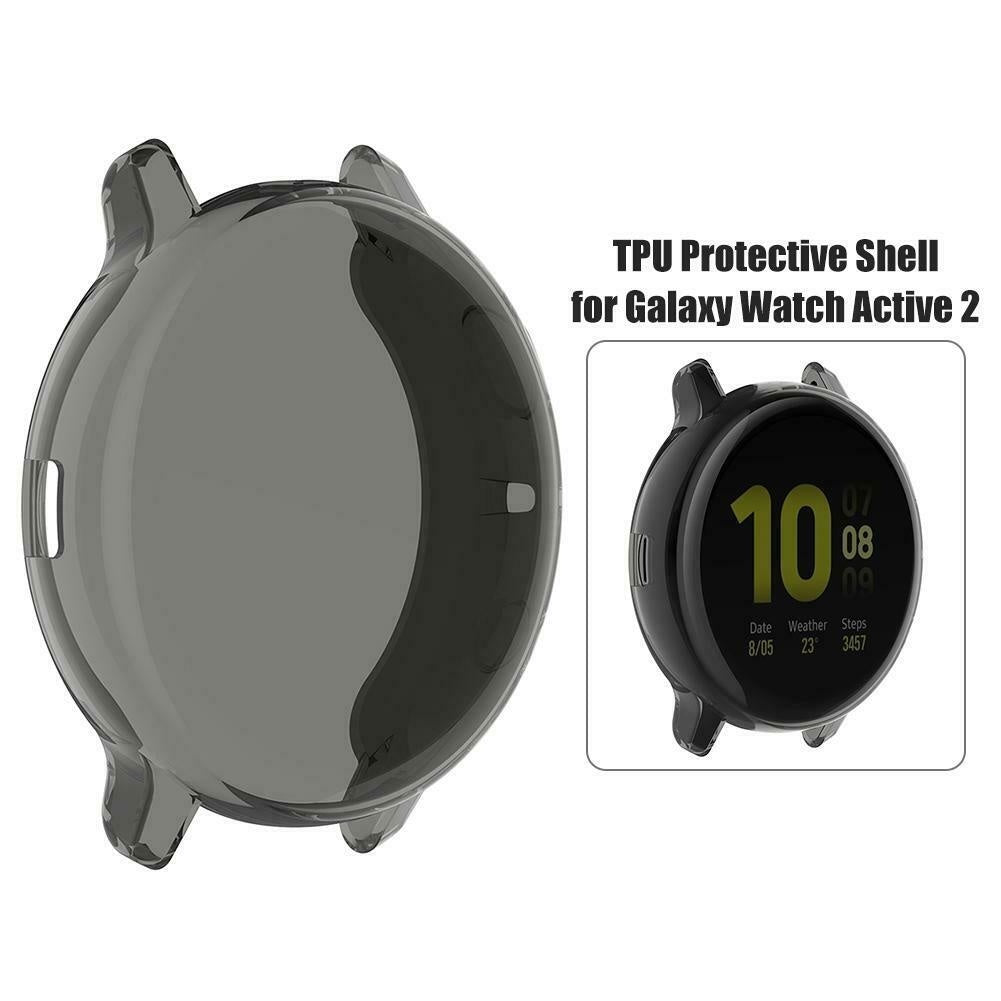 Eine transparente TPU-Schutzhülle und eine Uhr mit der angezeigten Uhrzeit 10:08. Der Text lautet 'TPU Schutzhülle für Galaxy Watch Active 2'.