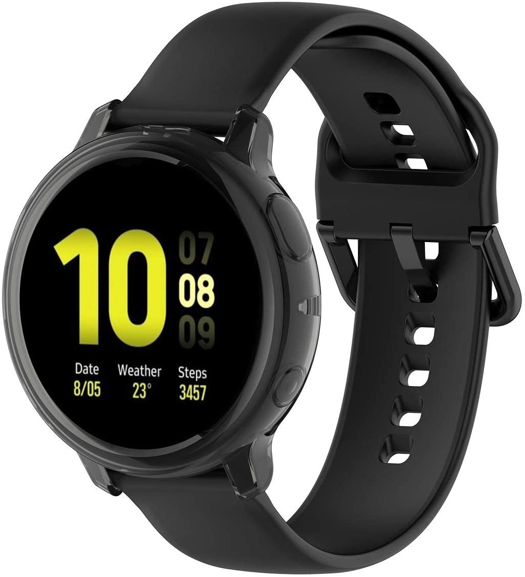 Schwarze Smartwatch zeigt Zeit, Datum, Wetter und Schritte an. Zeigt '10' in Gelb, andere Daten in Weiß. Schwarzes Armband befestigt.
