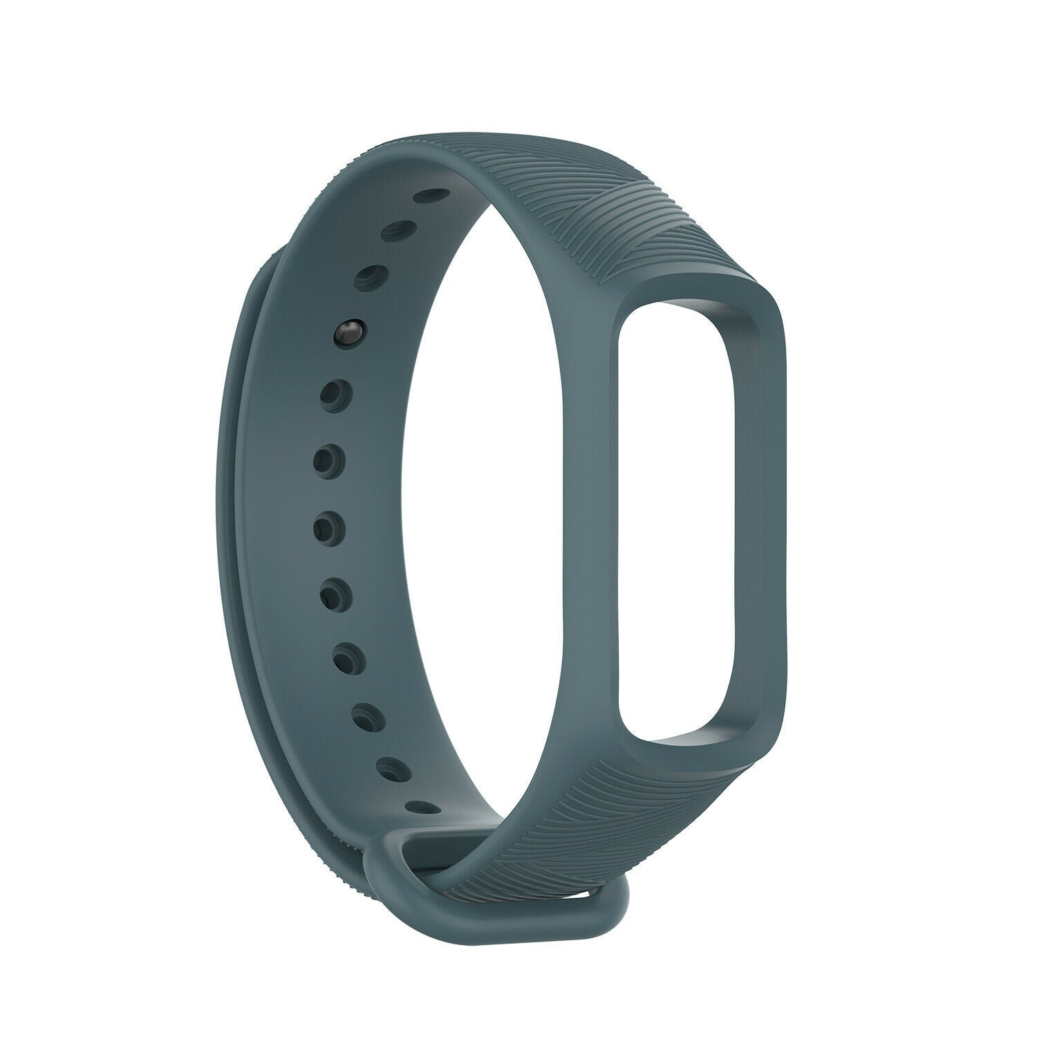 Ein türkisblaues Fitness-Tracker-Armband, gebogen und offen. Es hat Löcher zur Anpassung und eine strukturierte Oberfläche für den Halt.